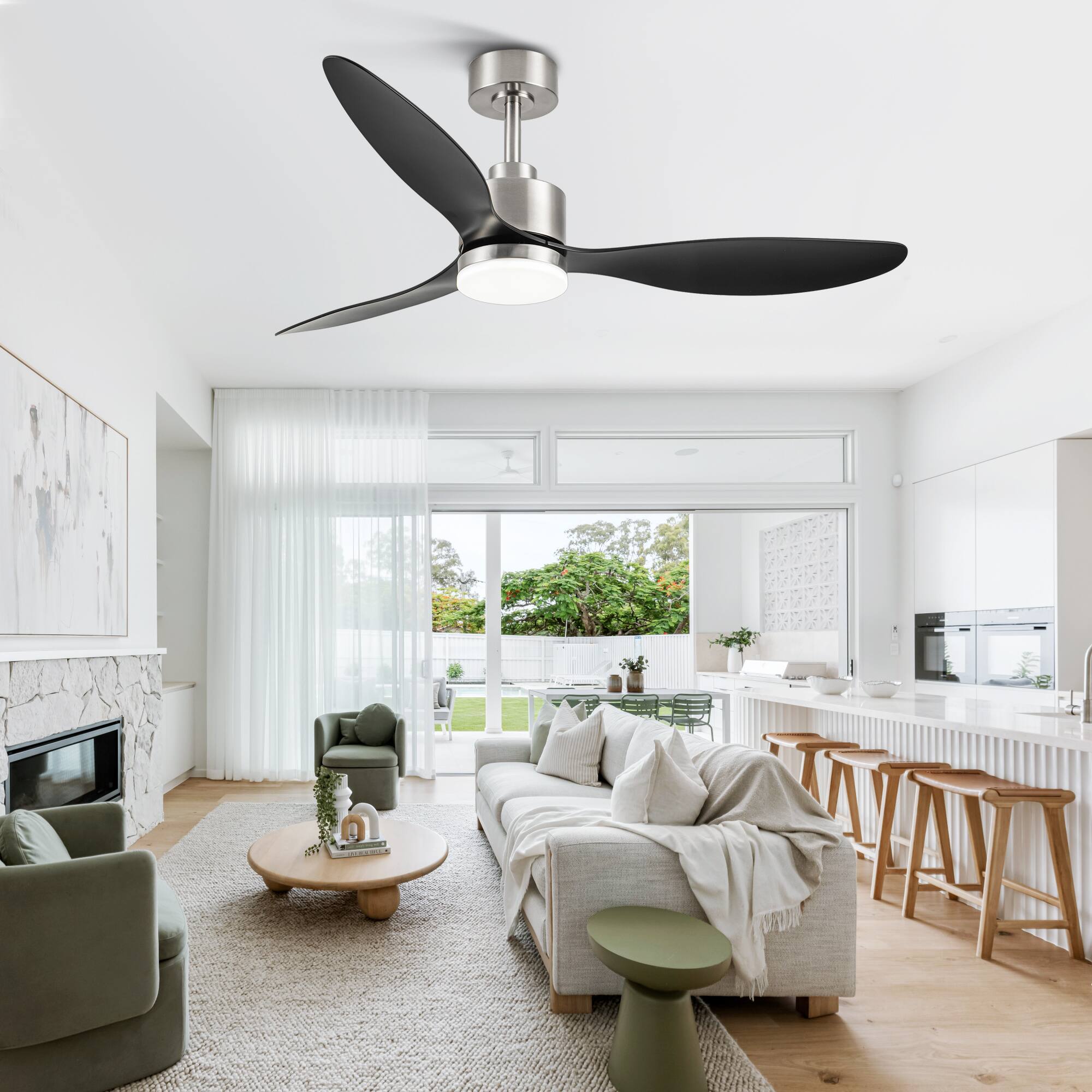 Alt View 2. Breezary - 52" Indoor Ceiling Fan, 3 ABS Blades, 6-Speed DC Motor, Remote Control, Memory/Timer, 3-Color LED Light, 5"/10" Downrods - Satin Nickel and Black.