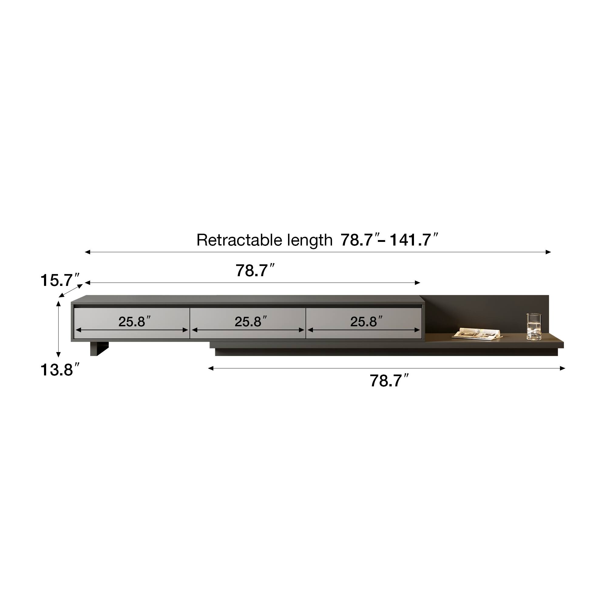 15.7" Retractable length 78.7"- 141.7"  
78.7"  
25.8"  
25.8"  
25.8"  
13.8"  
78.7"