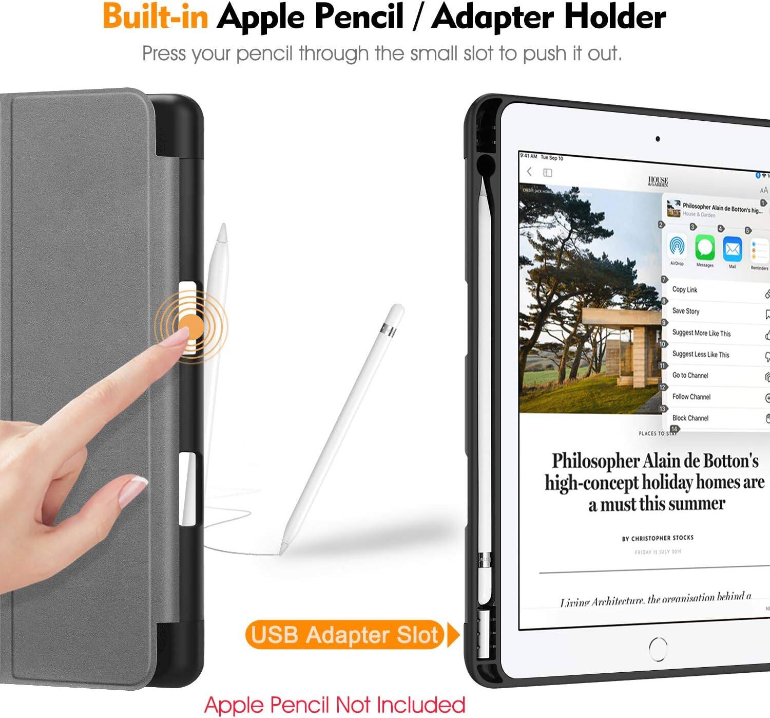 Built-in Apple Pencil / Adapter Holder  
Press your pencil through the small slot to push it out.  

9:41 AM Tue Sep 10  

HOUSE  
AA  
2  
Philosopher Alain de Botton's House high. & Garden 3  
AirDrop  
Messages  
Mail  
Reminders  
2  
Copy Link  
Save Story  
Suggest More Like This  
Suggest Less Like This  
12 3  
Go to Channel  
Follow Channel  
Block Channel  

PLACES FOR  
Philosopher Alain de Botton's high-concept holiday homes are a must this summer  
BY CHRISTOPHER STOCKS  
FRIDAY JULY 2019  

USB Adapter Slot  
Apple Pencil Not Included