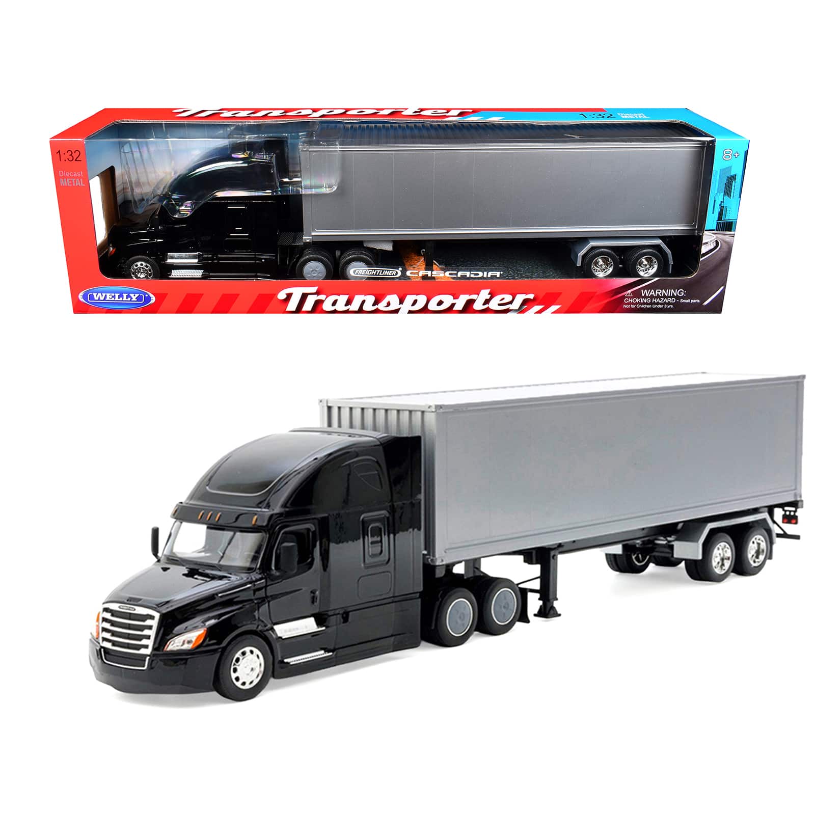 "Freightliner Cascadia Truck Black with Silver Container ""Transporter"" Series 1/32 Diecast Model by Welly" price history on PriceWatchPro