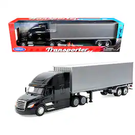 Freightliner Cascadia Truck Black with Silver Container "Transporter" Series 1/32 Diecast Model by Welly