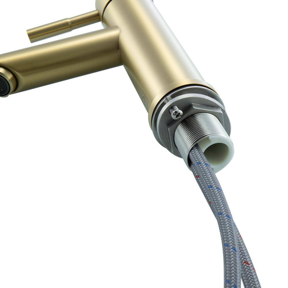 Left. Elegant Kitchen and Bath - Mia Single Hole Single Handle Bathroom Faucet in Brushed Gold - Brushed Gold.