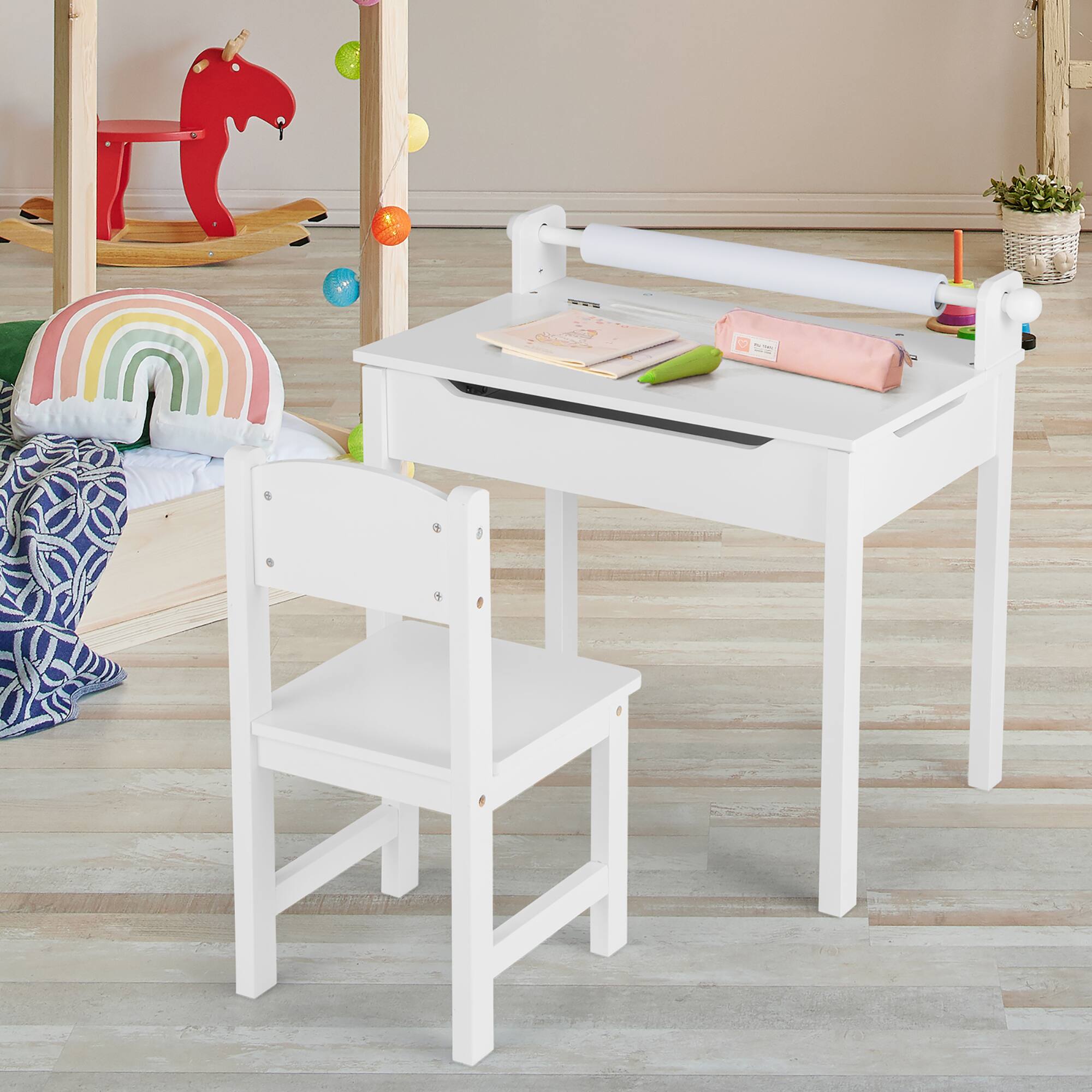 Alt View 3. Costway - Costway Toddler Craft Table & Chair Set Kids Art Crafts Table withPaper Roll Holder - White.