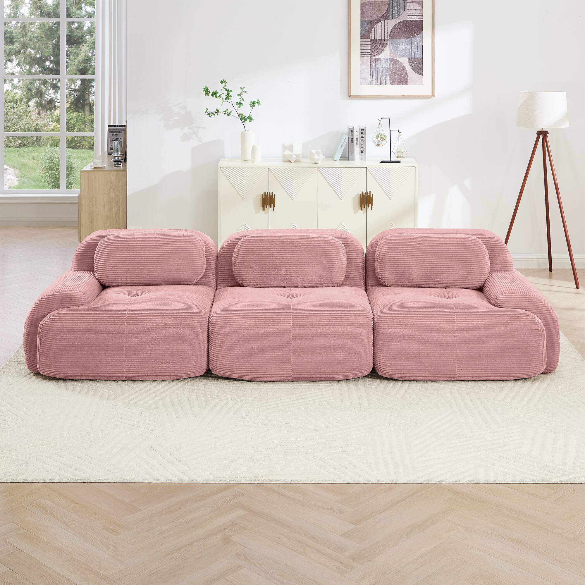 Angle. Aukfa - 3 seats Modular Corduroy Sectional Sofa with Ergonomic Support - Pet Friendly, Easy Assembly, Non-Slip Base Design - Pink.