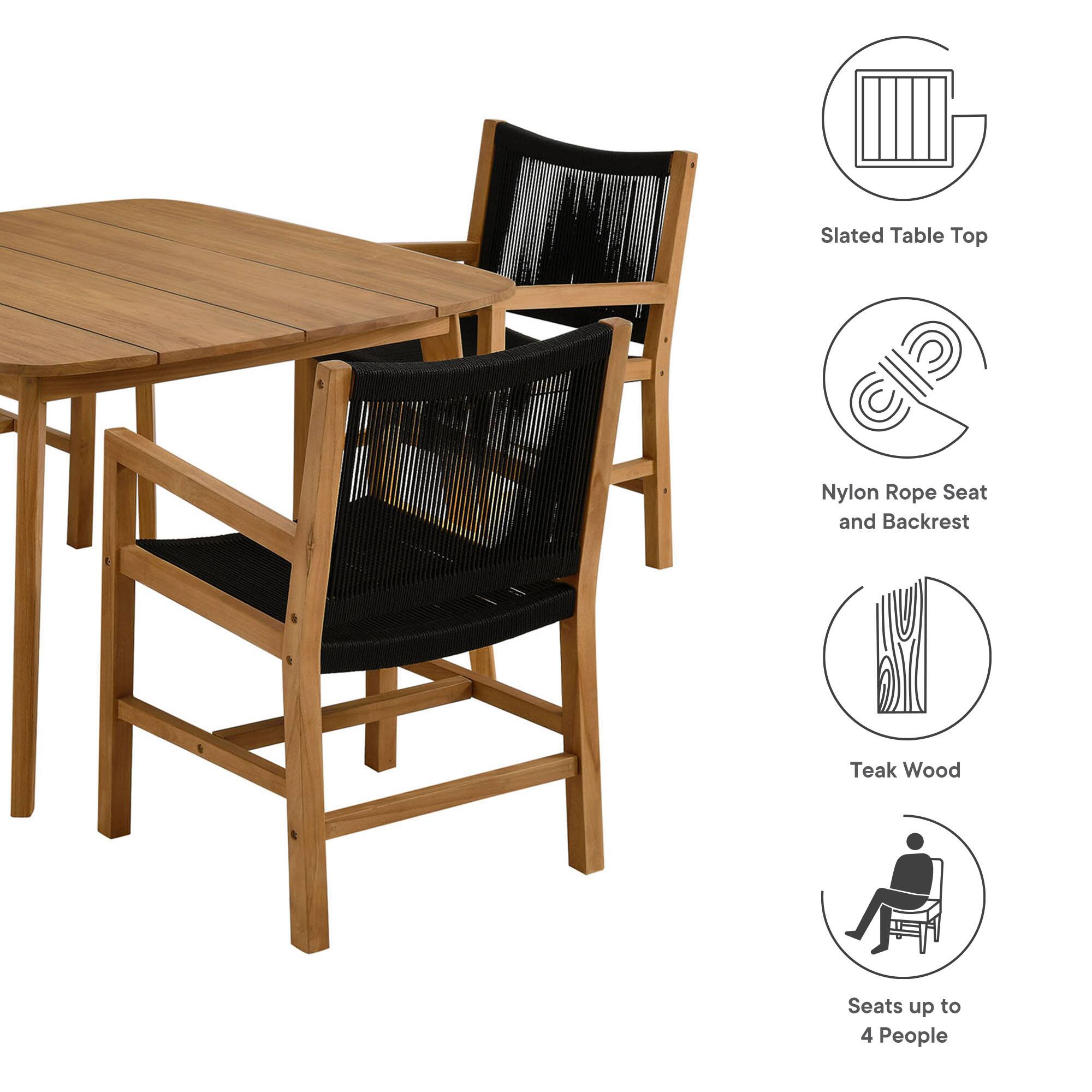 - Slated Table Top
- Nylon Rope Seat and Backrest
- Teak Wood
- Seats up to 4 People