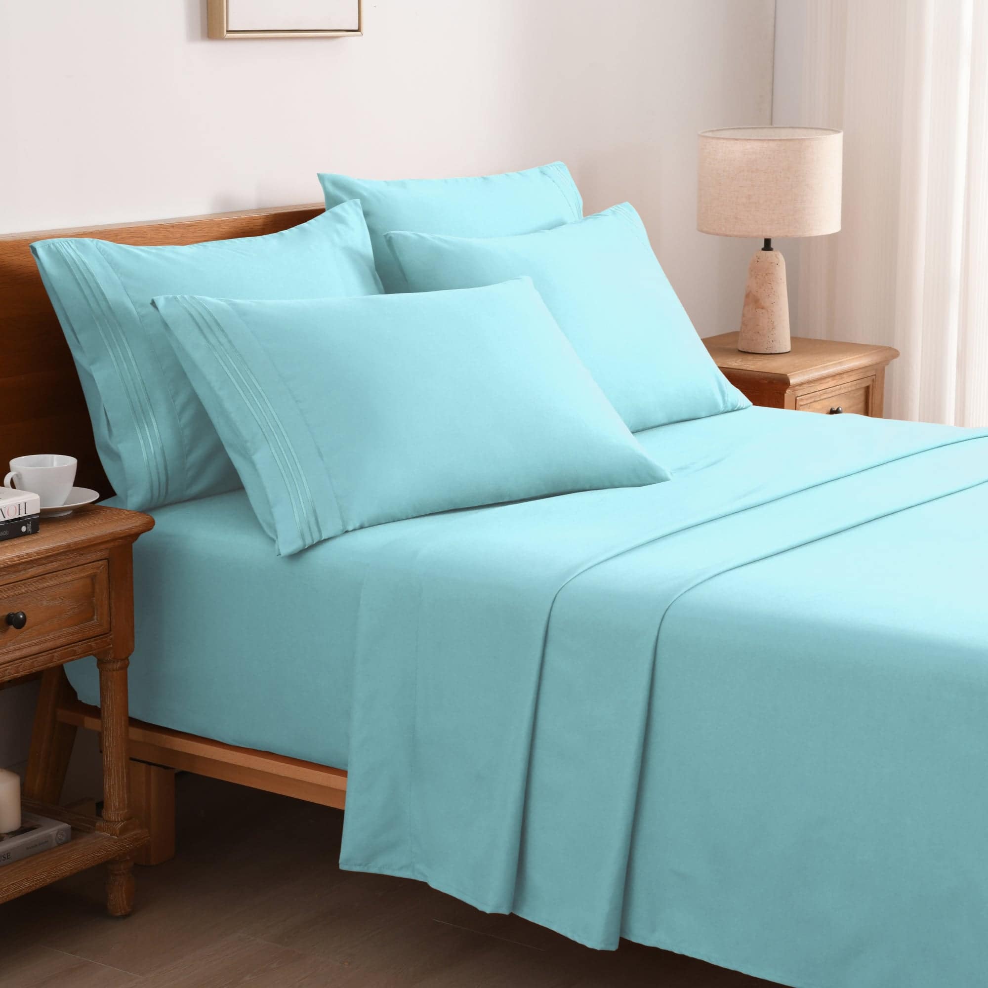 MarCielo - 4/6 Pcs Soft Solid & Embroidery Bed Sheets Set - Aqua Blue