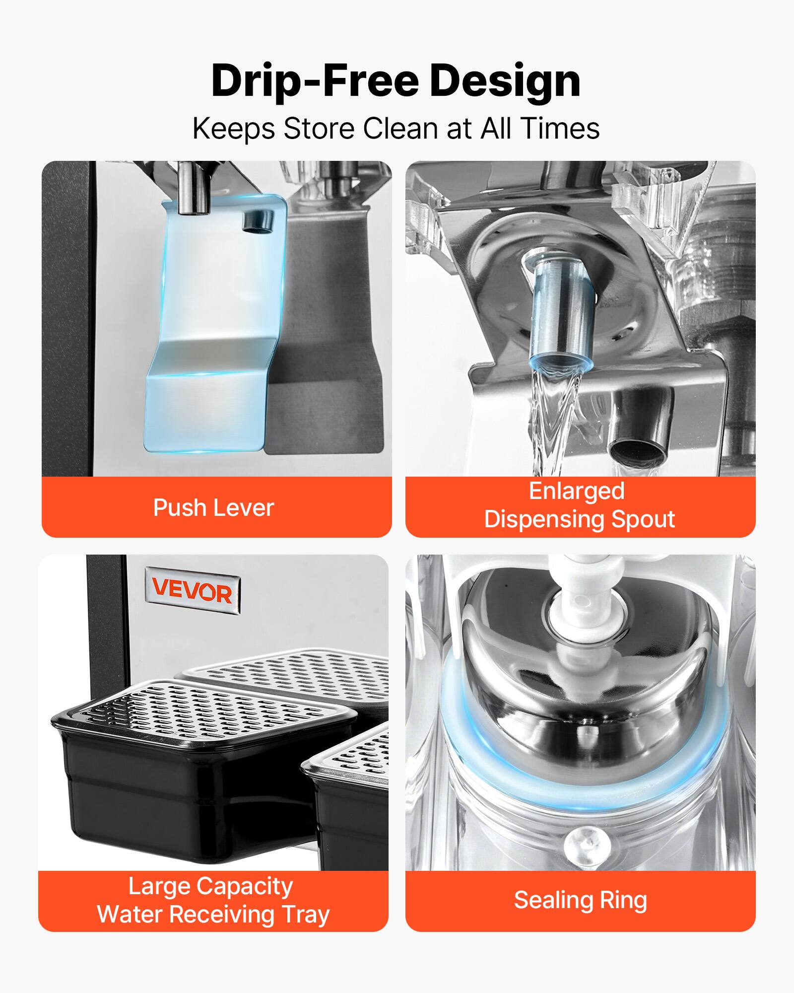 Drip-Free Design Keeps Store Clean at All Times

- Push Lever
- Enlarged Dispensing Spout
- Large Capacity Water Receiving Tray
- Sealing Ring
