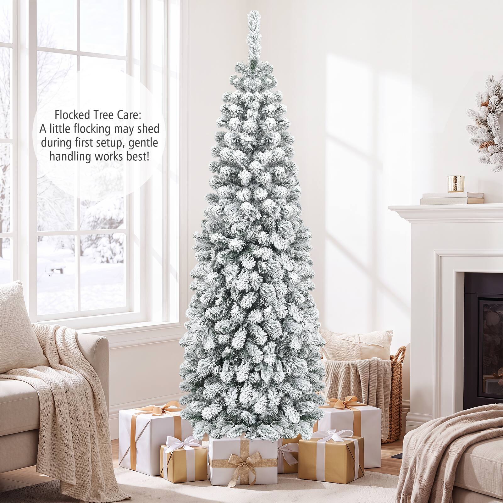 Flocked Tree Care: A little flocking may shed during first setup, gentle handling works best!