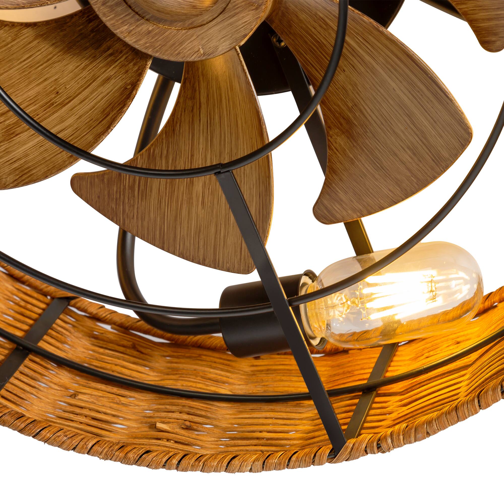 Alt View 9. Breezary - 19" Indoor Caged Rattan Ceiling Fan with LED Light, 7 ABS Blades, 6-Speed DC Motor, Remote Control with Timer - Matte Black and Brown.