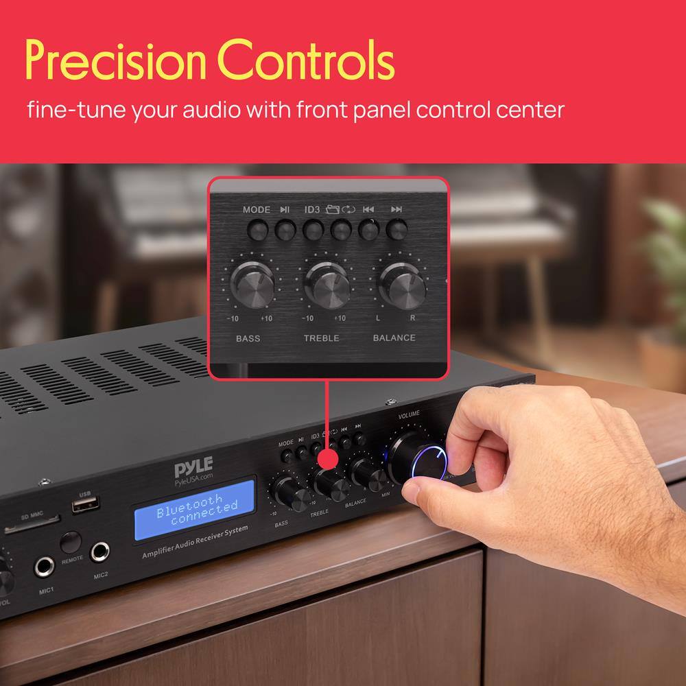 Precision Controls  
fine-tune your audio with front panel control center  

MODE ID3  
BASS TREBLE BALANCE  

PYLE  
PyleUSA.com  
Bluetooth Connected  
Amplifier Audio Receiver System  

VOLUME  
BASS TREBLE BALANCE  

REMOTE  
MIC1  
MIC2  

USB  
SD/MIC  

VOLUME  
BASS TREBLE BALANCE  

VOLUME  
MIN  
MAX  

VOLUME  
MIN  
MAX  

VOLUME  
MIN  
MAX  

VOLUME  
MIN  
MAX  

VOLUME  
MIN  
MAX  

VOLUME  
MIN  
MAX  

VOLUME  
MIN  
MAX  

VOLUME  
MIN  
MAX  

VOLUME  
MIN  
MAX  

VOLUME  
MIN  
MAX  

VOLUME  
MIN  
MAX  

VOLUME  
MIN  
MAX  

VOLUME  
MIN  
MAX  

VOLUME  
MIN  
MAX  

VOLUME  
MIN  
MAX  

VOLUME  
MIN  
MAX  

VOLUME  
MIN  
MAX  

VOLUME  
MIN  
MAX  

VOLUME  
MIN  
MAX  

VOLUME  
MIN  
MAX  

VOLUME  
MIN  
MAX  

VOLUME  
MIN  
MAX  

VOLUME  
MIN  
MAX  

VOLUME  
MIN  
MAX  

VOLUME  
MIN  
MAX  

VOLUME  
MIN