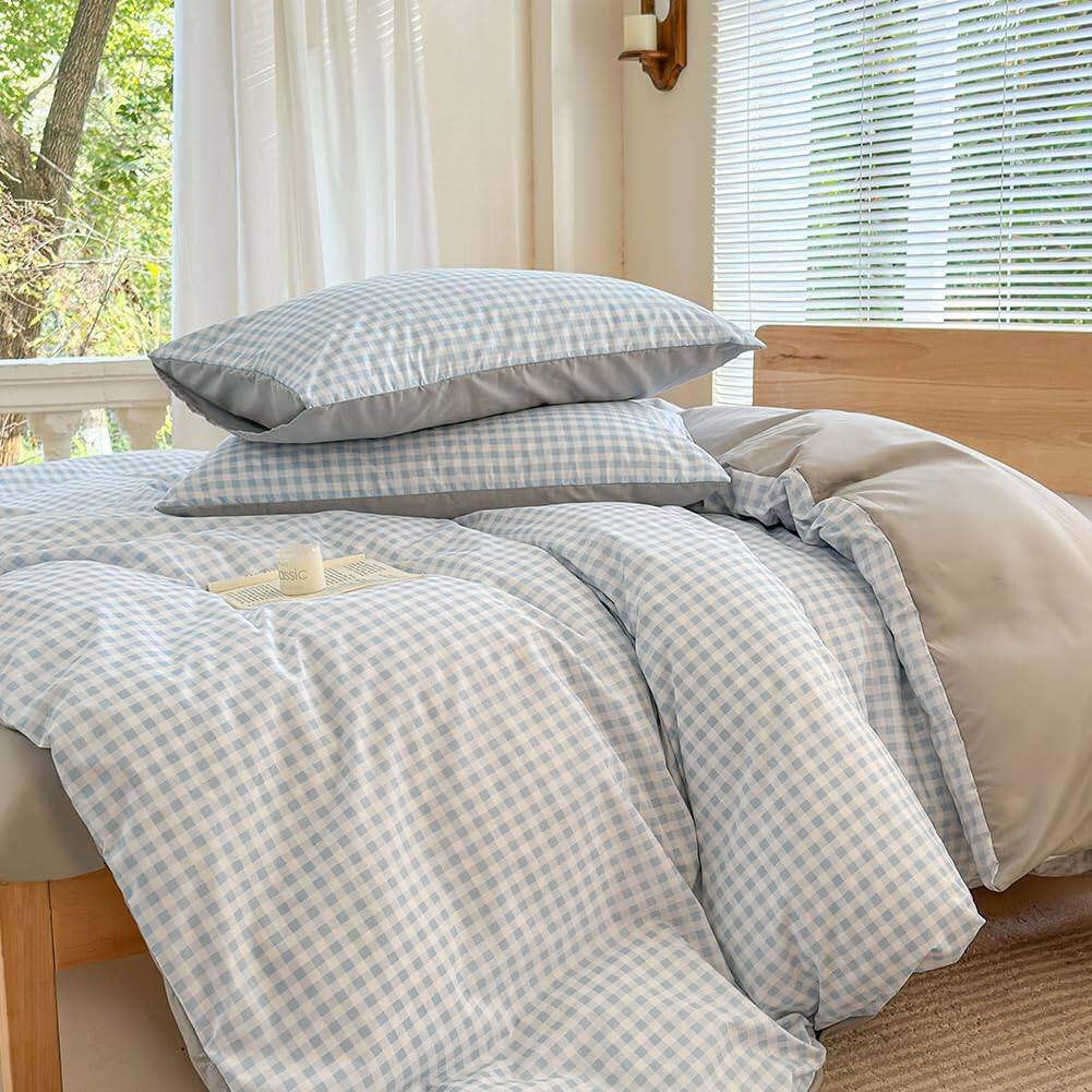 Alt View 2. Earthley Blooms - Light Gingham Duvet Cover Set Grid Simple Geometric Square Pattern Comforter Soft Plaid Washed Microfiber - Red Gingham-Twin/Twin XL(68"*90").