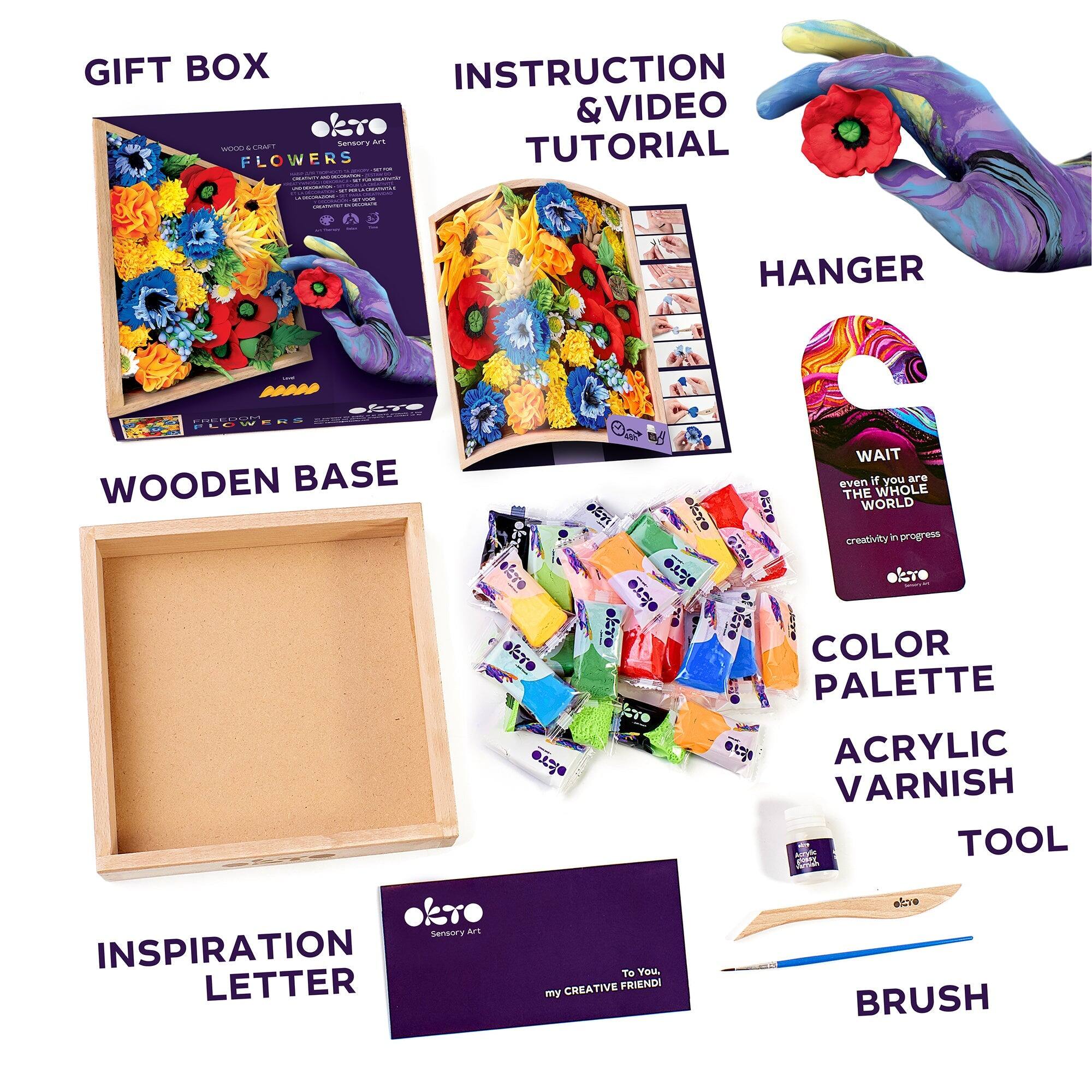 GIFT BOX, INSTRUCTION & VIDEO TUTORIAL, HANGER, WOODEN BASE, INSPIRATION LETTER, COLOR PALETTE, ACRYLIC VARNISH, TOOL, BRUSH