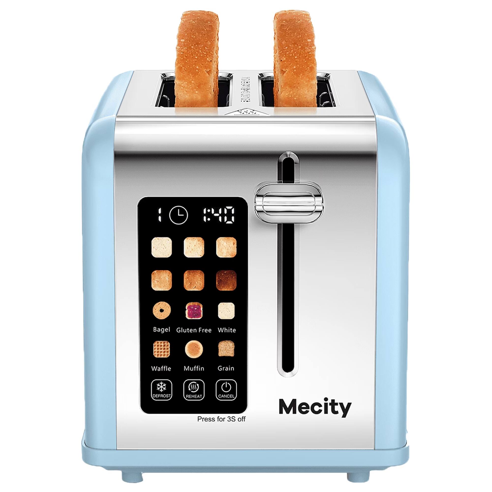 Bagel Gluten Free White  
Waffle  
Muffin  
Grain  
DEFROST  
REHEAT CANCEL  
Press for 3S off  
Mecity
