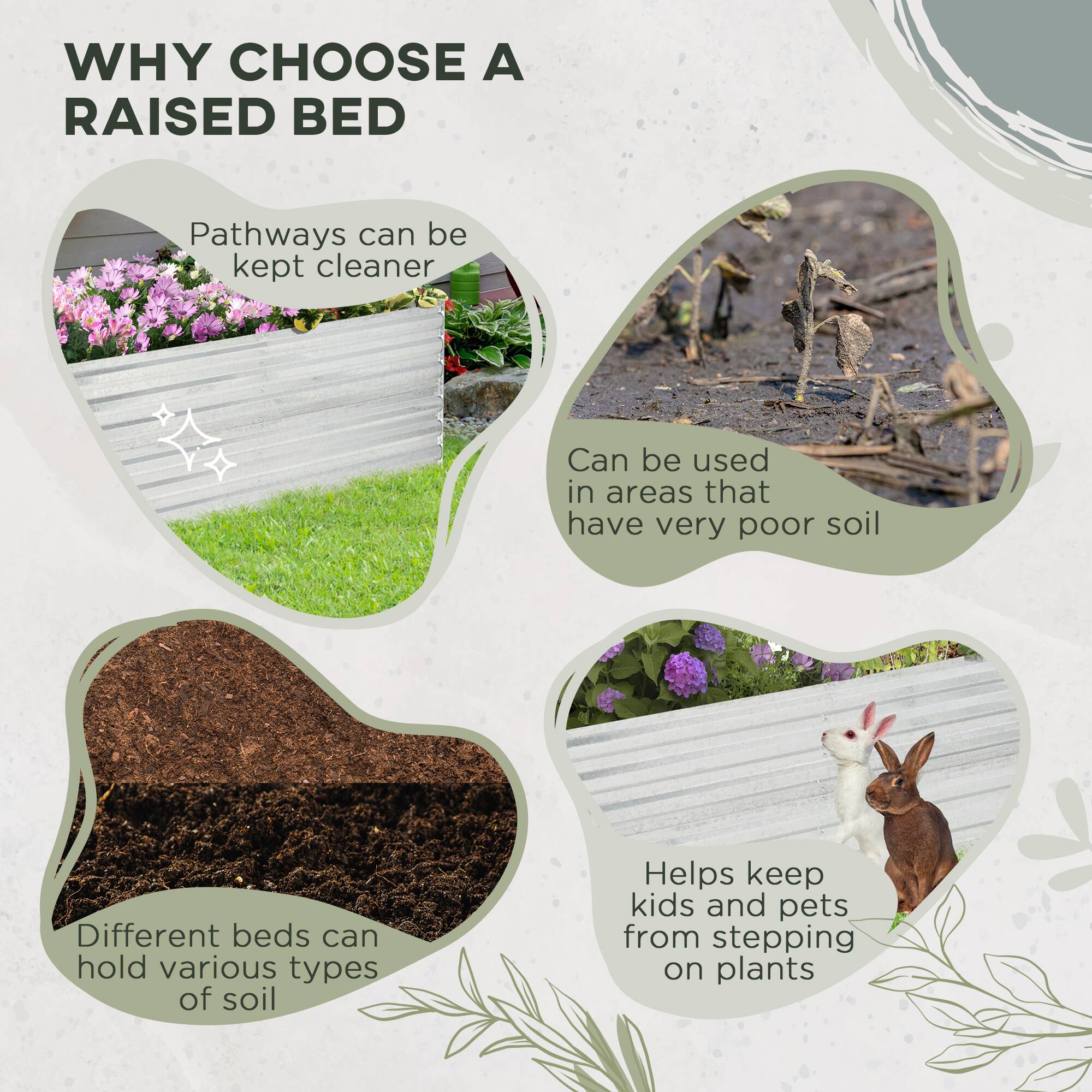 WHY CHOOSE A RAISED BED

- Pathways can be kept cleaner
- Can be used in areas that have very poor soil
- Different beds can hold various types of soil
- Helps keep kids and pets from stepping on plants
