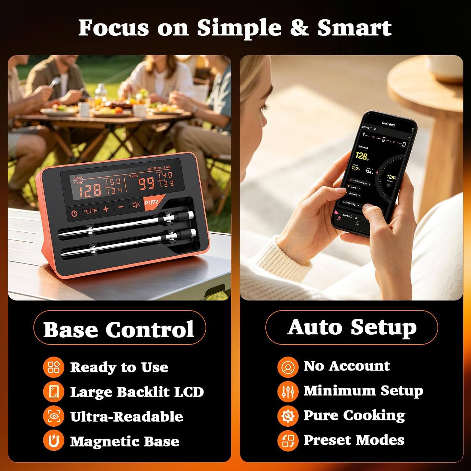 Focus on Simple & Smart

Host 26 140 150 99 133 128 134 P1/P2 - 'C/'F +

Base Control
- Ready to Use
- Large Backlit LCD
- Ultra-Readable
- Magnetic Base

Auto Setup
- No Account
- Minimum Setup
- Pure Cooking
- Preset Modes