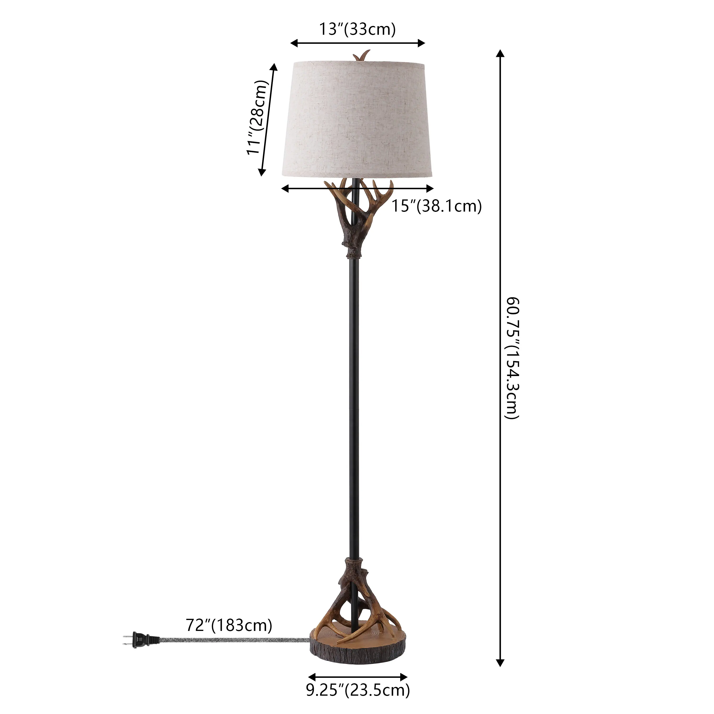 11" (28cm)  
13" (33cm)  
15" (38.1cm)  
60.75" (154.3cm)  
72" (183cm)  
9.25" (23.5cm)