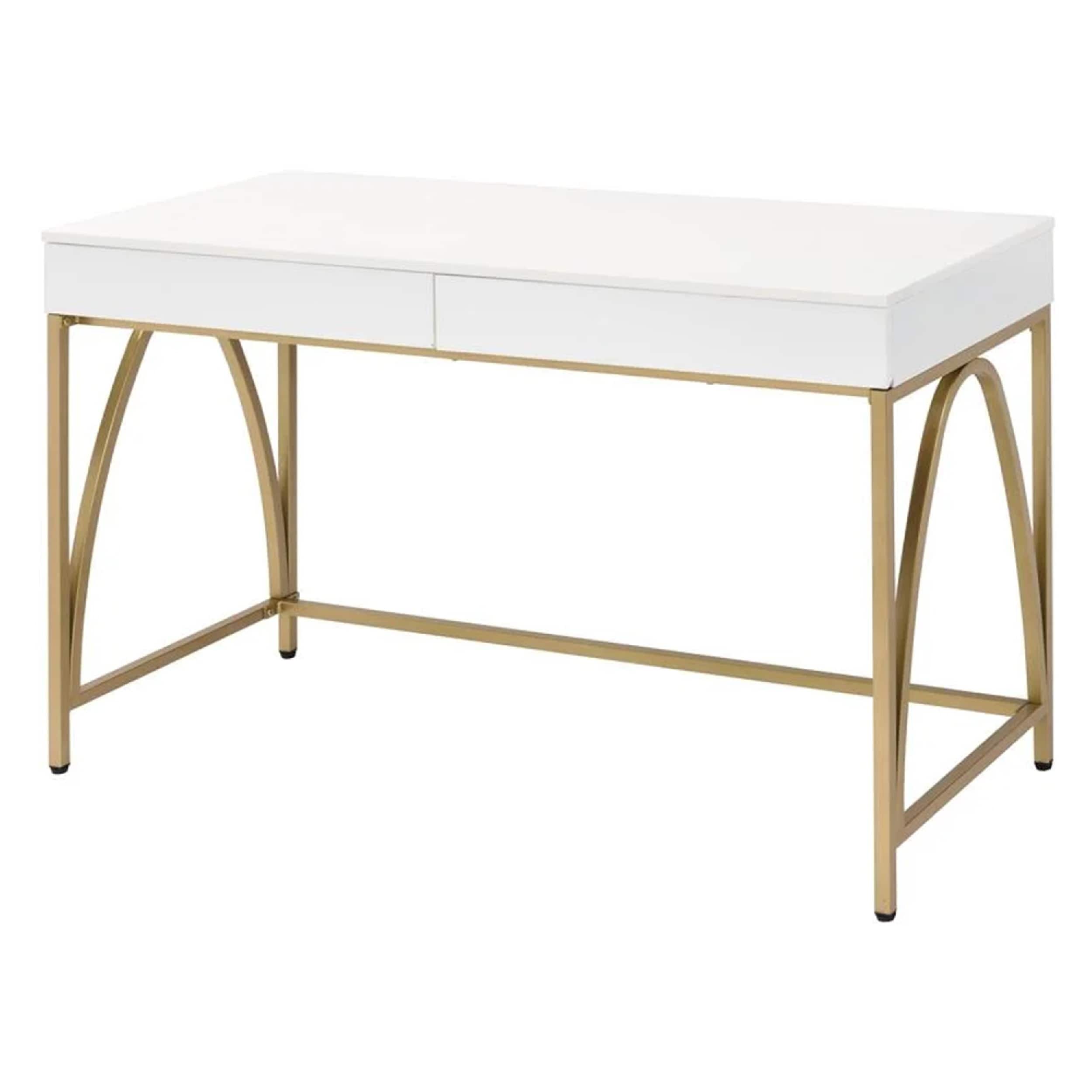 Manhattan Lane - 50 Inch Desk Console Table, 2 Drawers, Metal Inverted U Frame, White, Gold - White and Gold