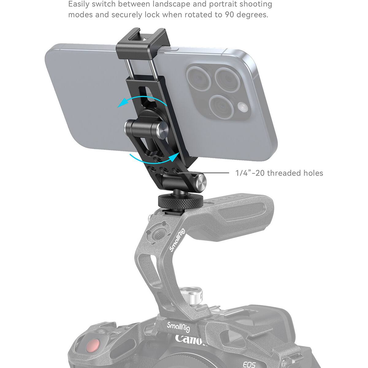 Easily switch between landscape and portrait shooting modes and securely lock when rotated to 90 degrees. 1/4"-20 threaded holes SmallNig Smallfig Cano. EOS