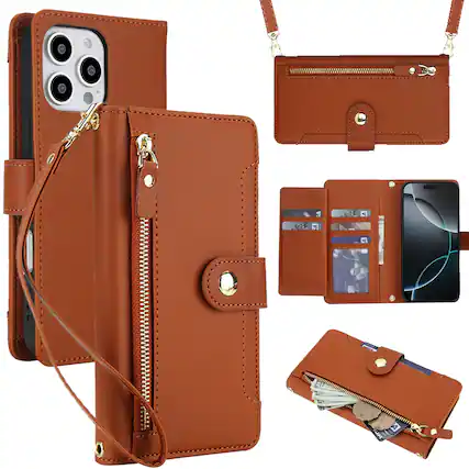 Front. Dteck - Zipper Wallet Case for Apple iPhone 16 Pro Max with Lanyard PU Leather Magnetic Closure Flip Credit Card Holder Cover - Brown.