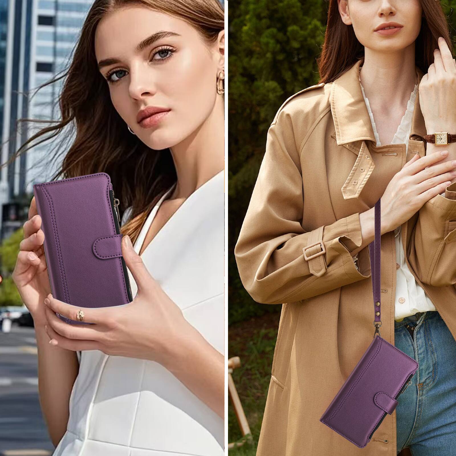 Alt View 2. Dteck - Crossbody Wallet Case for Samsung Galaxy A16 5G, Shockproof Zipper PU Leather Flip Stand Cover with 9 Card Slots - Darkpurple.
