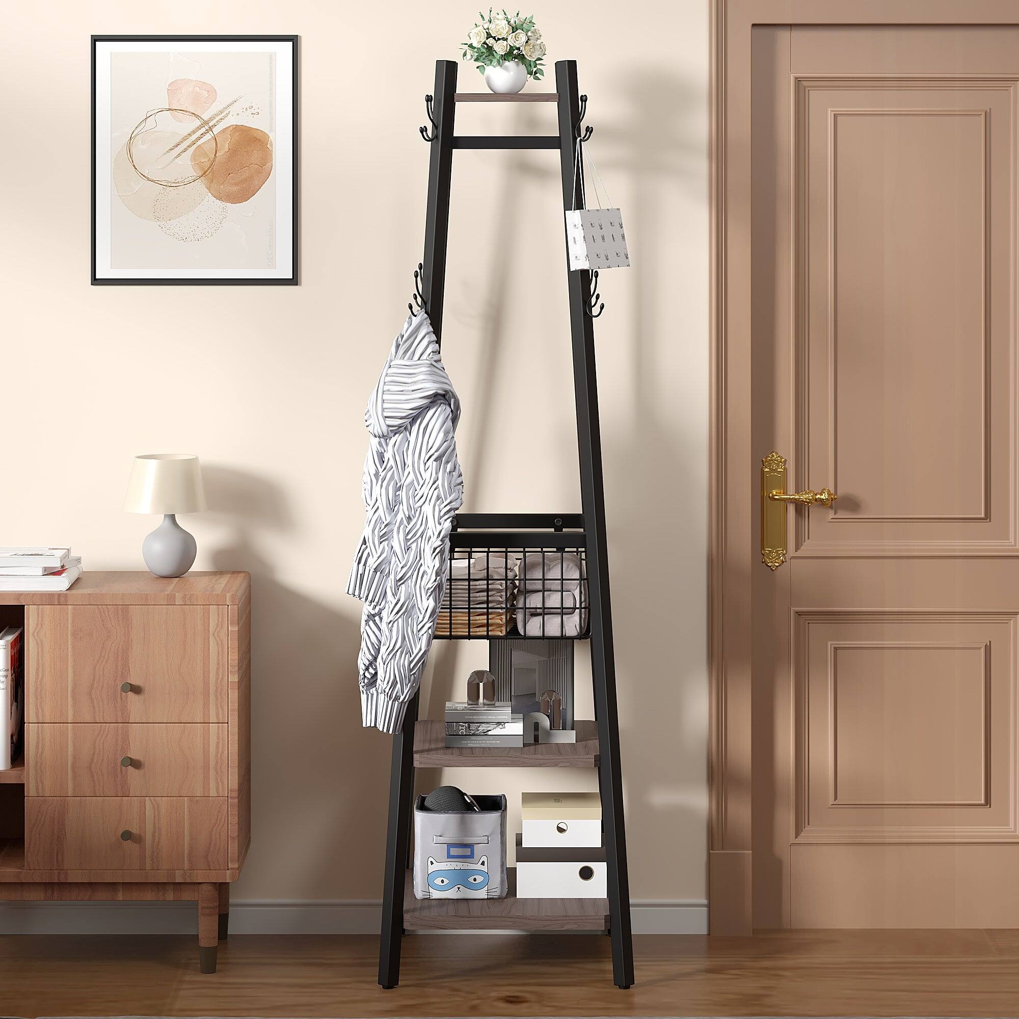 Alt View 2. Vecelo - Freestanding Entryway Coat Rack with Storage Basket and Hooks, Modern Hall Tree Organizer with Hanging Rods - Grey.