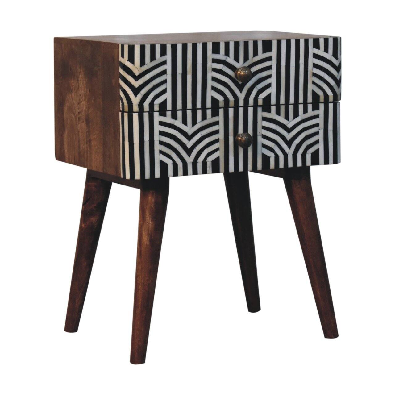 Angle. Artisan Furniture - Artisan Furniture Solid Wood Honey Caramel Edessa Bone Inlay Bedside, 2 Drawers, Nordic Legs, Black and White - Caramel.