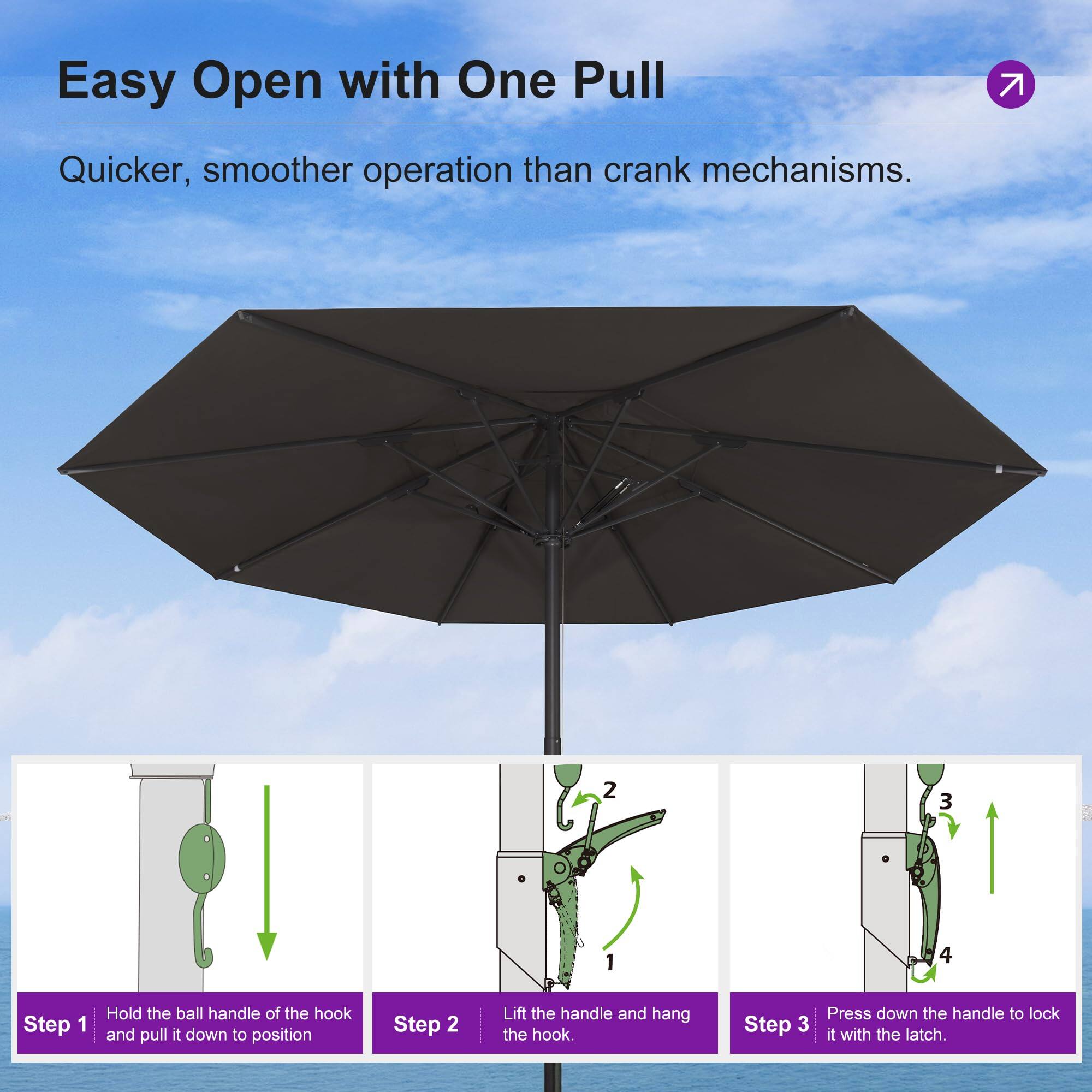 Easy Open with One Pull  
Quicker, smoother operation than crank mechanisms.  

Step 1: Hold the ball handle of the hook and pull it down to position.  
Step 2: Lift the handle and hang the hook.  
Step 3: Press down the handle to lock it with the latch.