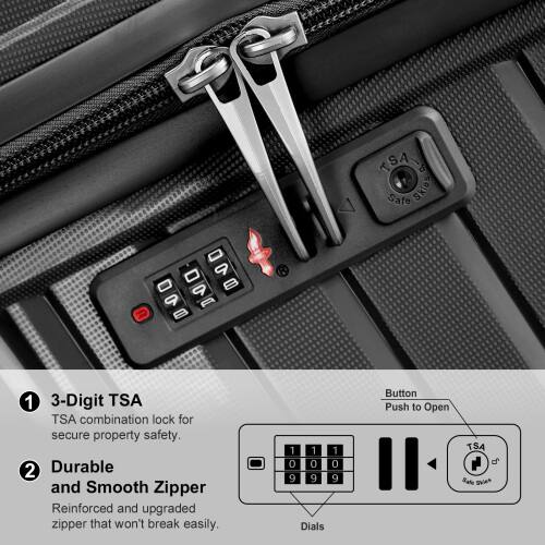 TSA Safe Skias - 9 - 9 8 9 E 8 R 1 3-Digit TSA TSA combination lock for secure property safety. 2 Durable and Smooth Zipper Reinforced and upgraded zipper that won't break easily. 1 1 1 0 0 0 9 9 9 Dials Button Push to Open TSA d Safe Svieh
