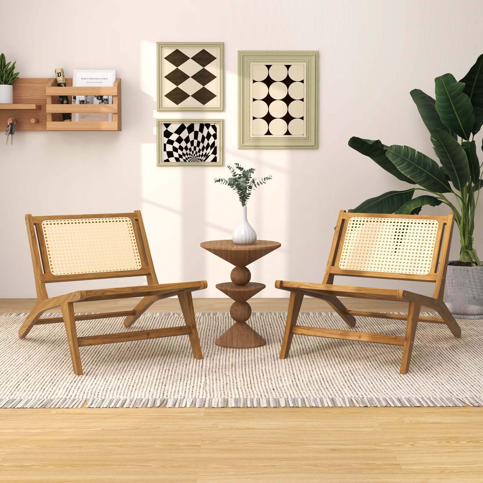 Costway - 2 PCS Mid Century Modern Teak Wooden Chair with Handwoven Rattan Seat & Backrest - Natural