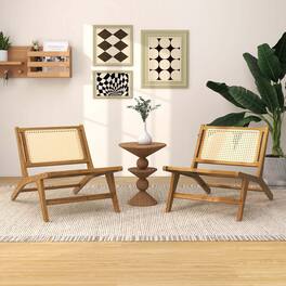 Costway - 2 PCS Mid Century Modern Teak Wooden Chair with Handwoven Rattan Seat & Backrest - Natural
