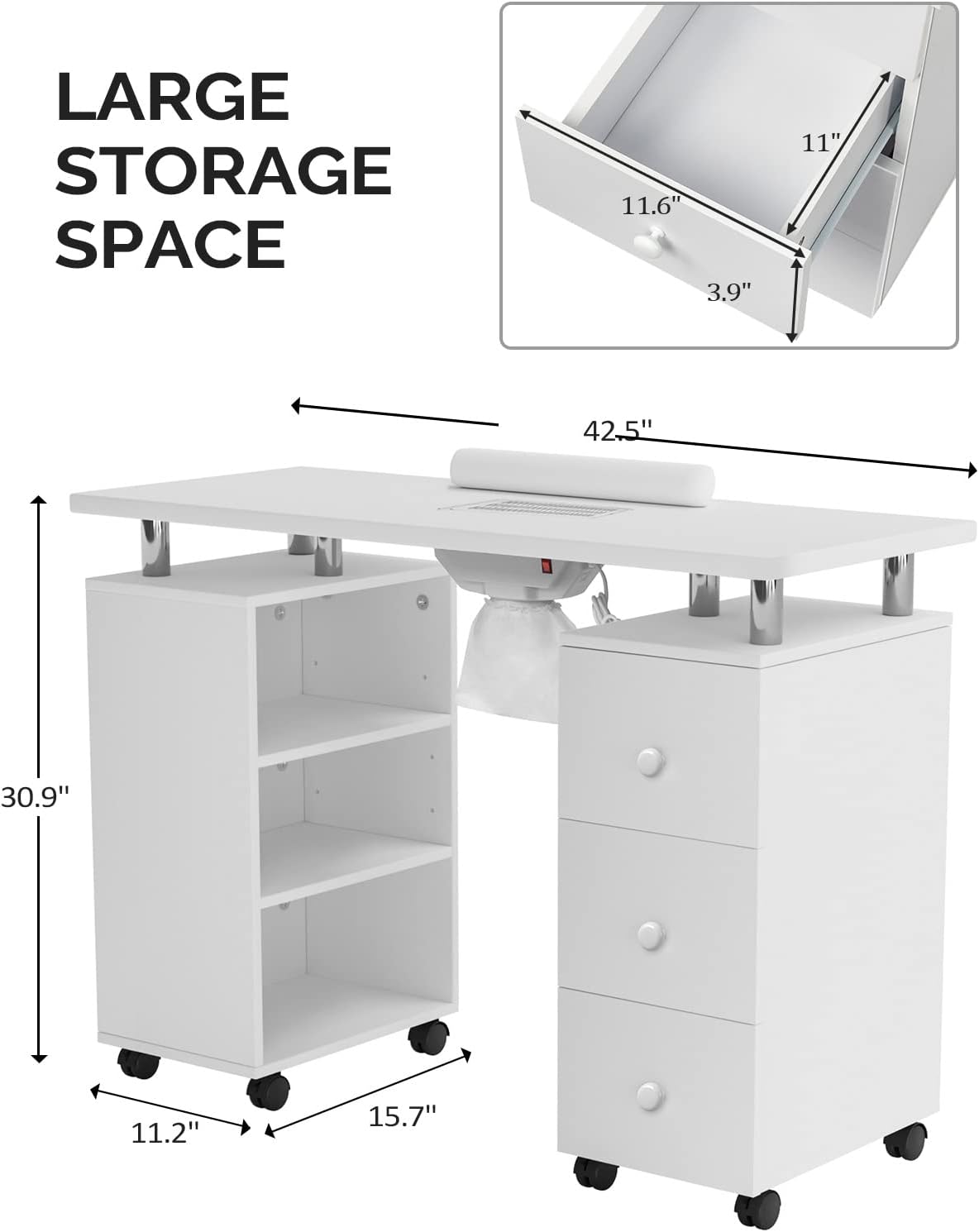 LARGE STORAGE SPACE

- 42.5" (width)
- 30.9" (height)
- 11.2" (depth)
- 15.7" (width of drawer)
- 11.6" (width of drawer)
- 3.9" (height of drawer)
- 11" (height of shelf)