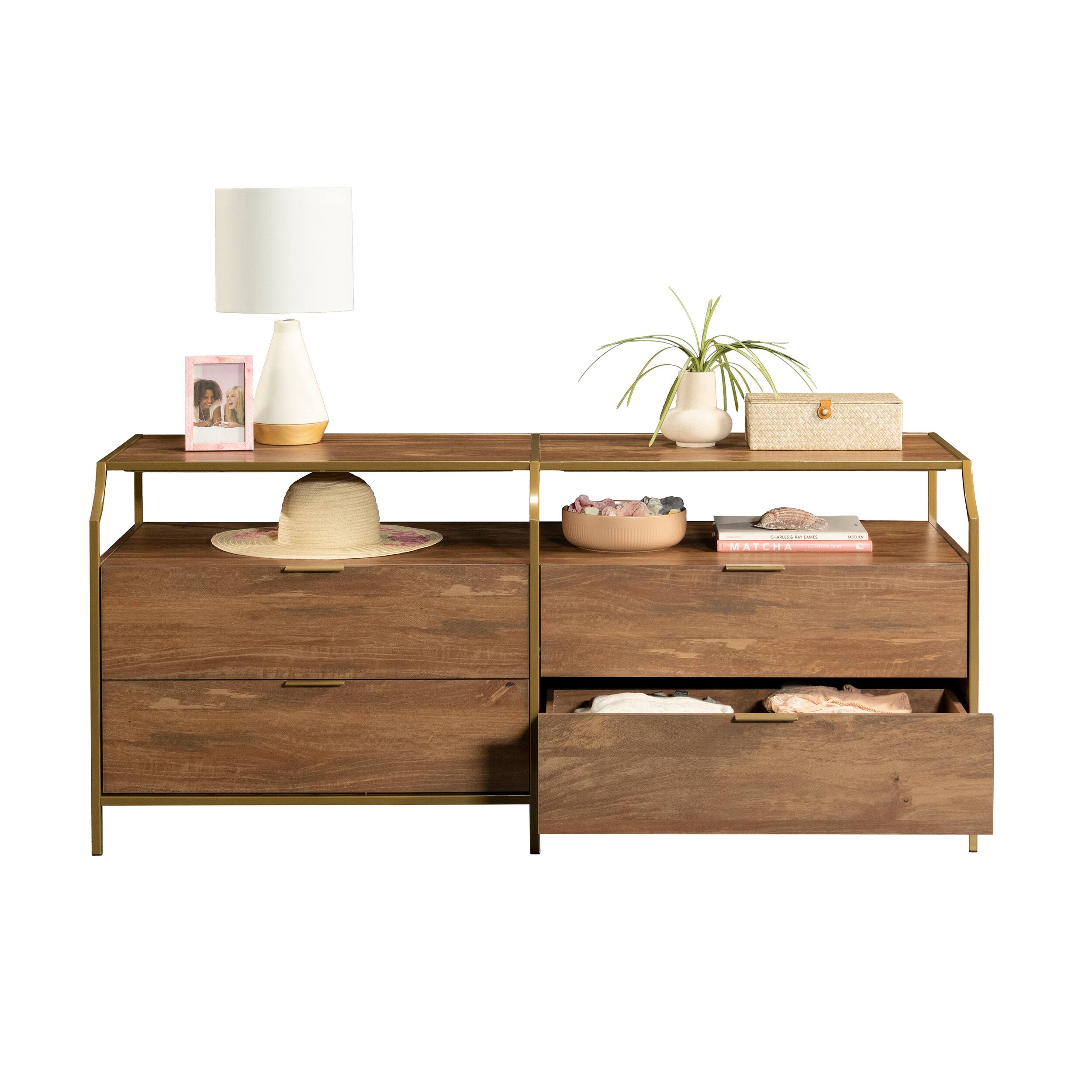 Alt View 4. Forest'nSky - Brown Wood 4 drawer 60 in. Wide Chest of Drawers with Upper Shelf for Living Room - Brown.