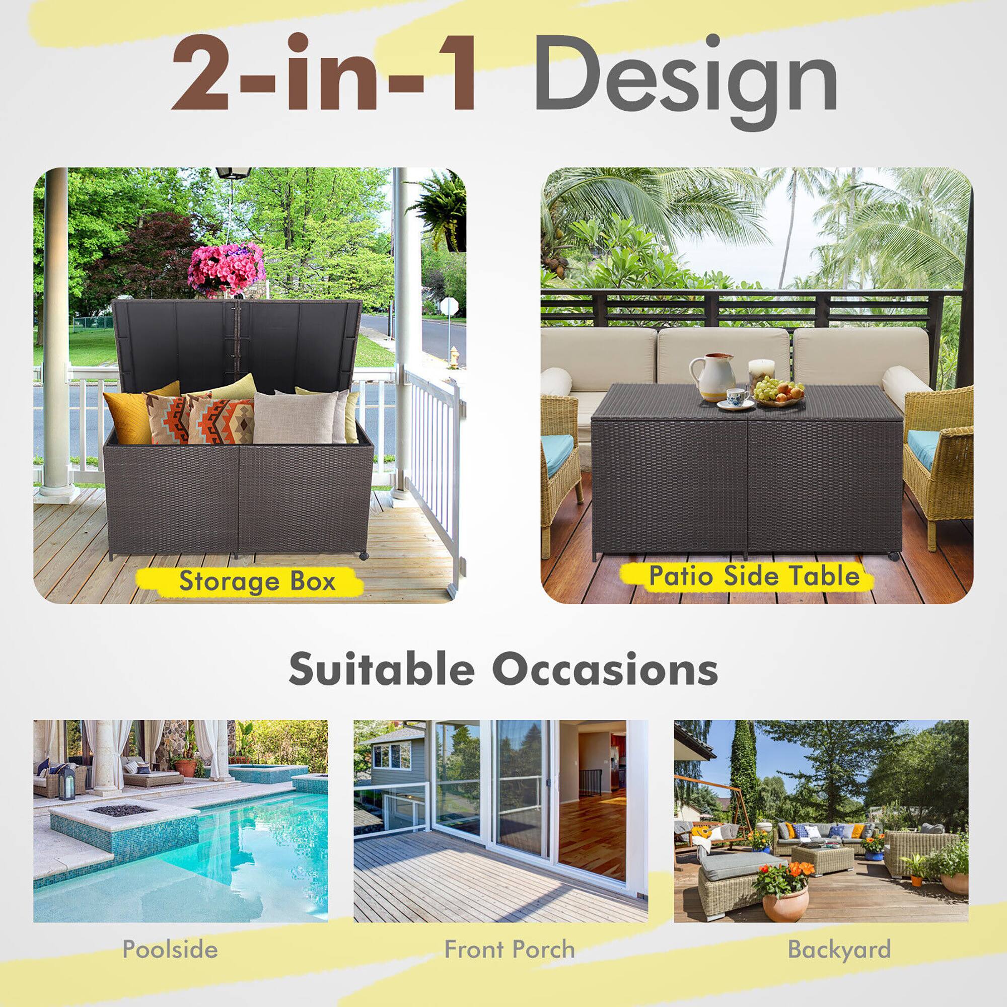 2-in-1 Design

Storage Box

Patio Side Table

Suitable Occasions

Poolside

Front Porch

Backyard