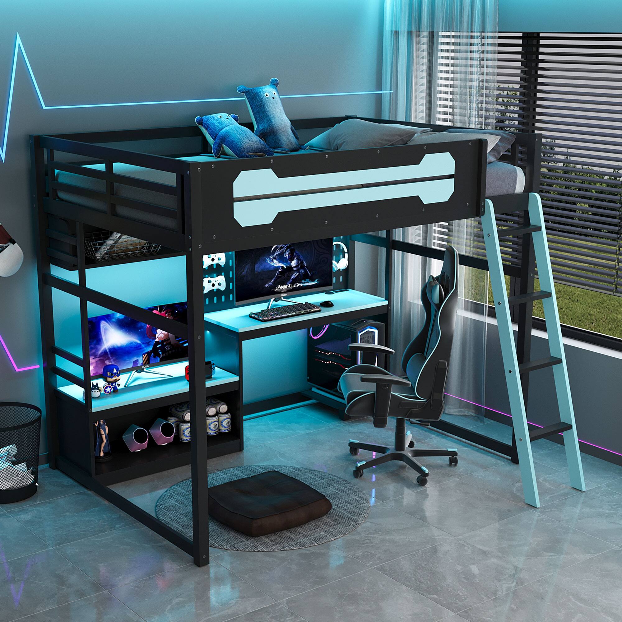 Anysun - Full Size Wood Loft Bed with Desk - Includes Shelves, LED Lights, USB Ports and Pegboard - Bule