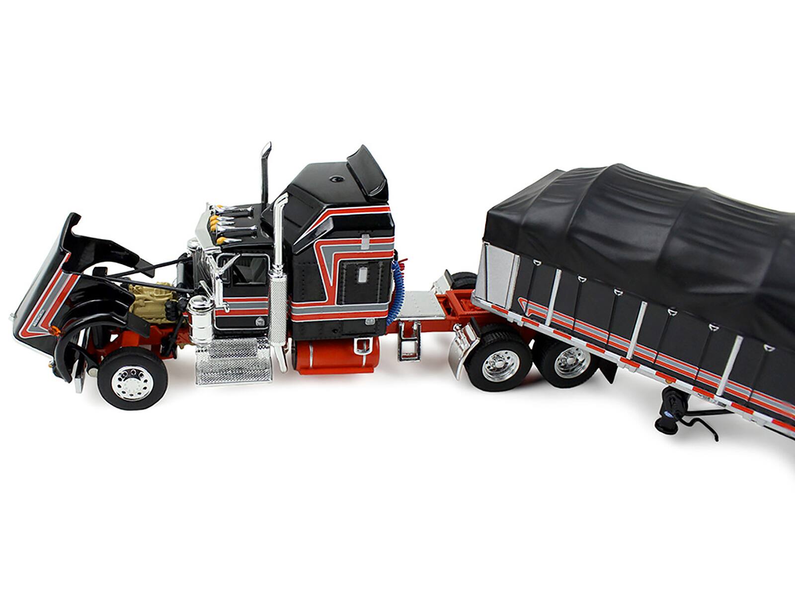 Alt View 1. First Gear - Kenworth W900A with 60" Aerodyne Sleeper and 53’ Wilson Flatbed with Wagon Black with Red 1/64 Model by DCP/First Gear.