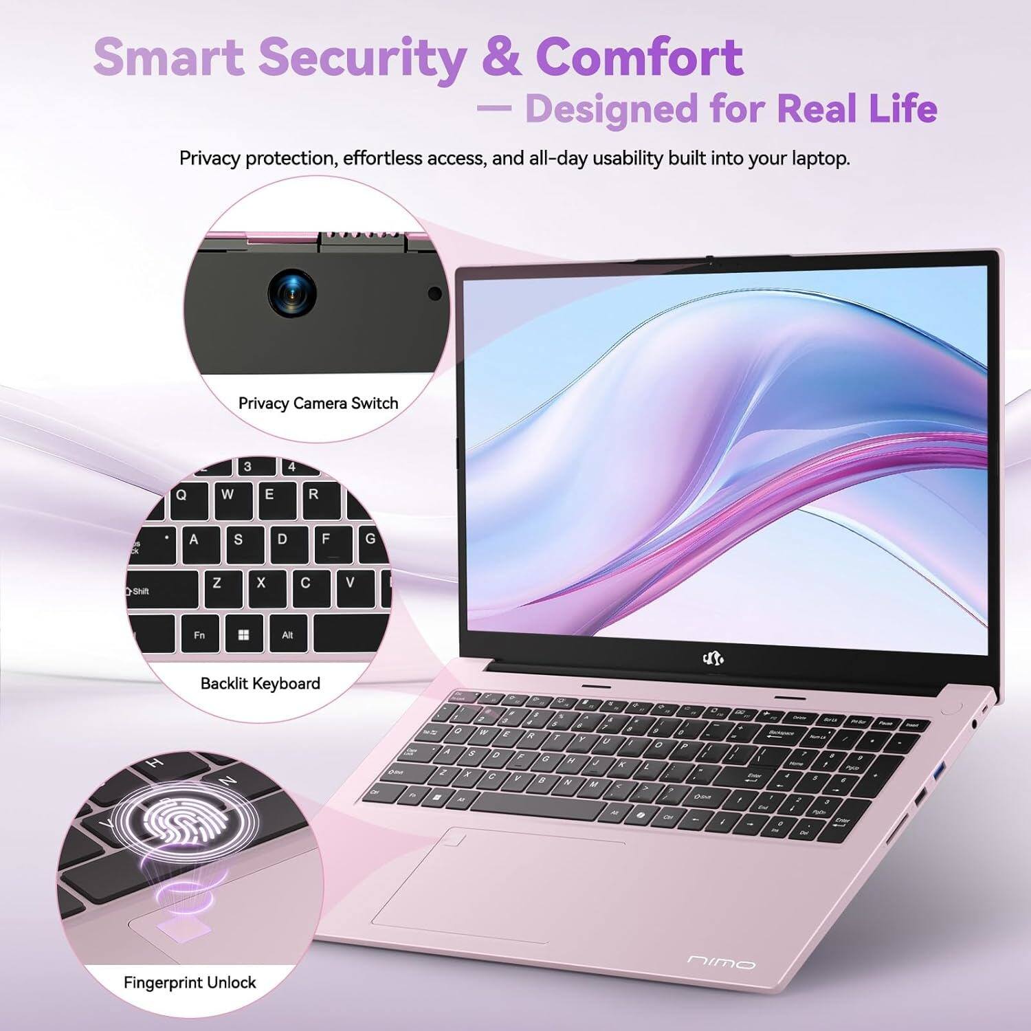 Smart Security & Comfort  
Designed for Real Life  

Privacy protection, effortless access, and all-day usability built into your laptop.  

Privacy Camera Switch  
Backlit Keyboard  
Fingerprint Unlock