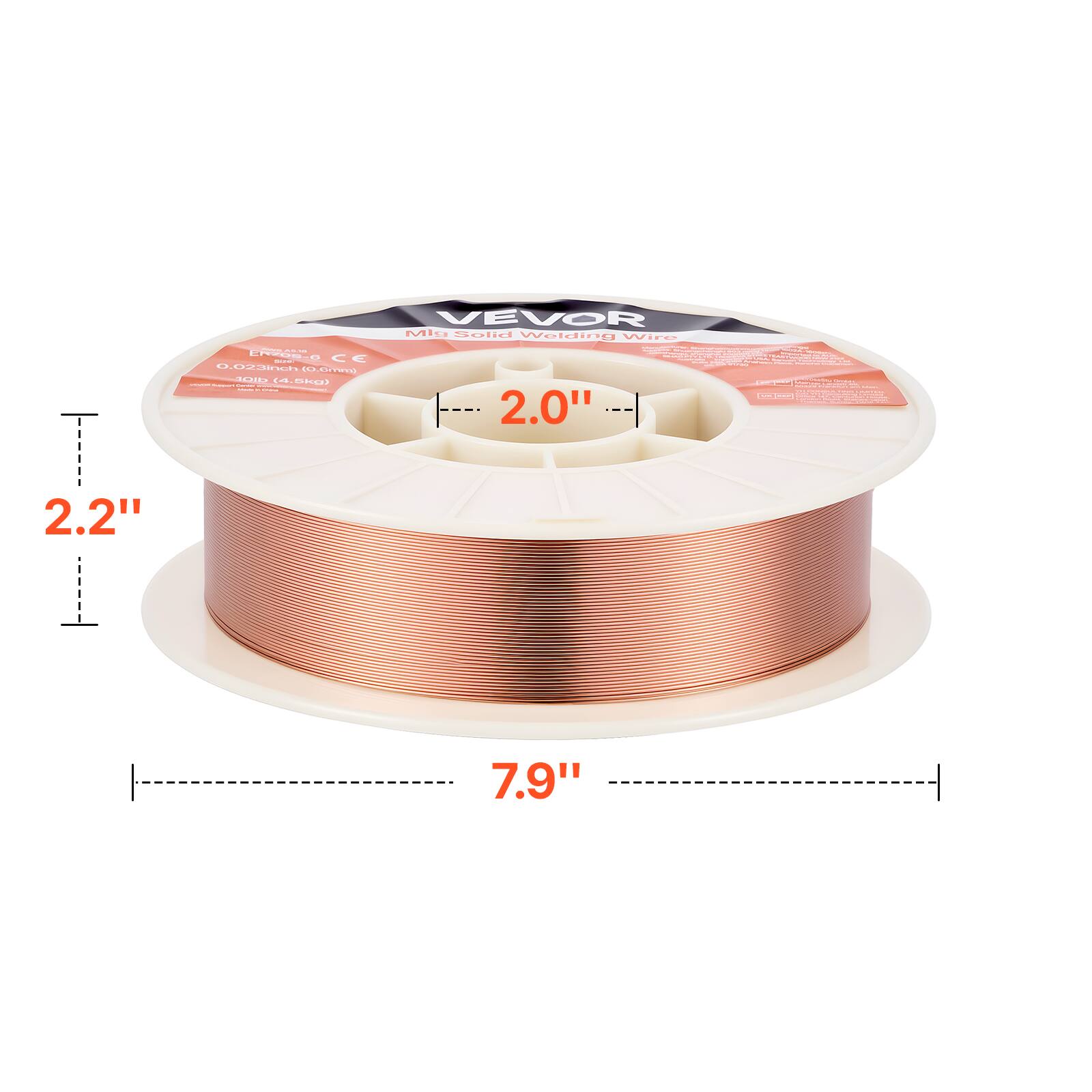 VEVOR MIG Solid Wire  
0.023" (0.6 mm)  
4.558 lb (2.07 kg)  
2.0" x 2.2" x 7.9"