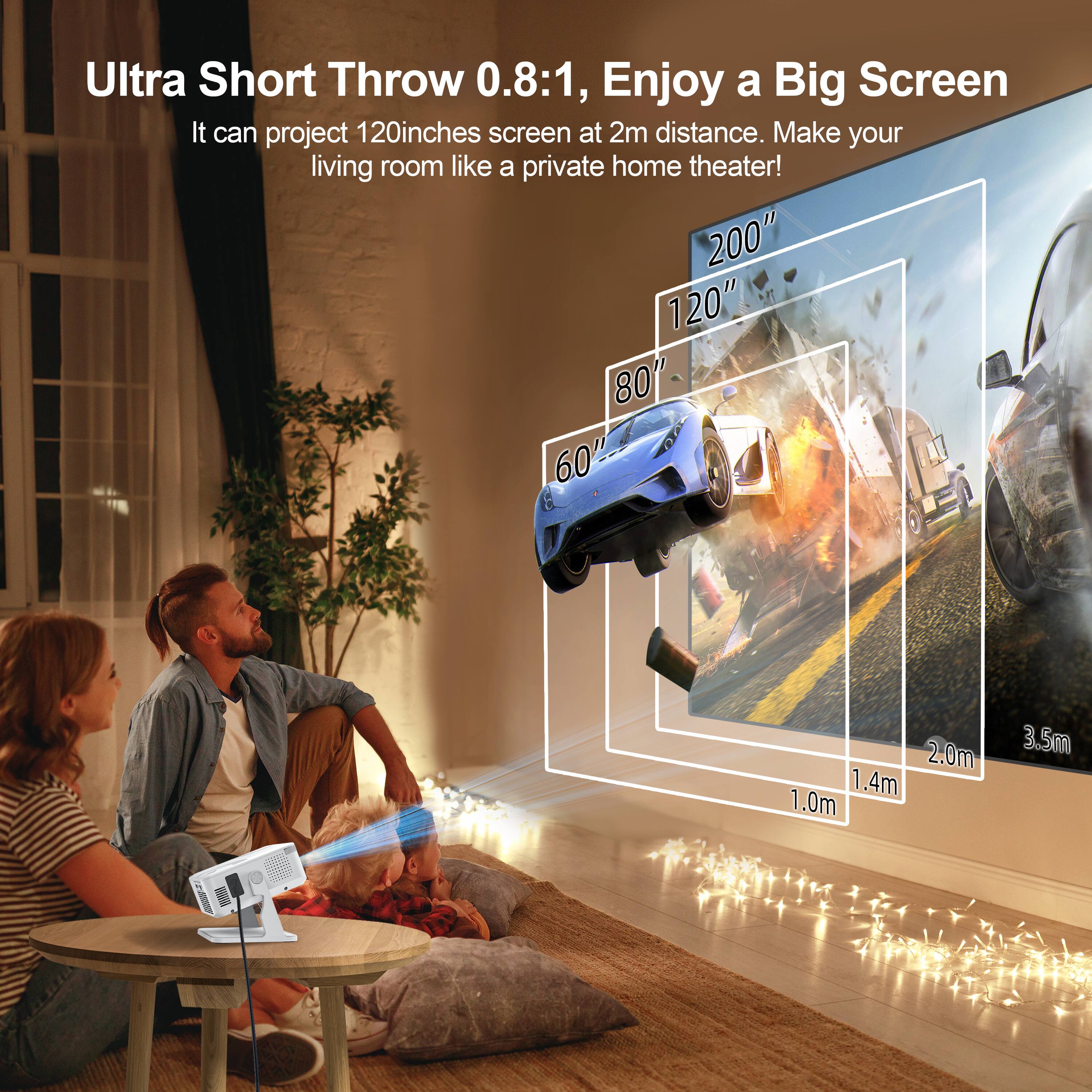 Ultra Short Throw 0.8:1, Enjoy a Big Screen  
It can project 120 inches screen at 2m distance. Make your living room like a private home theater!  

200"  
120"  
80"  
60"  

1.0m  
1.4m  
2.0m  
3.5m
