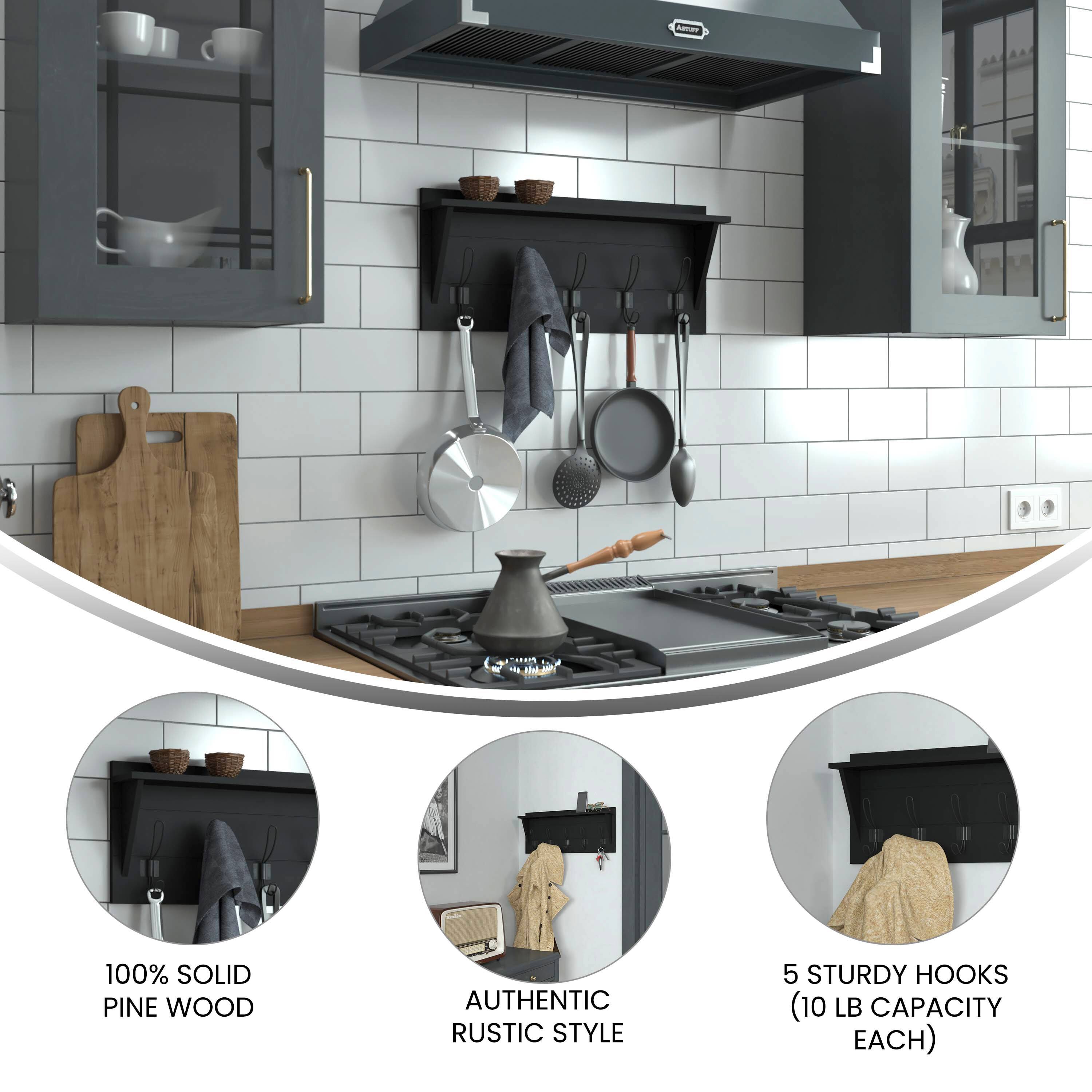 100% SOLID PINE WOOD  
AUTHENTIC RUSTIC STYLE  
5 STURDY HOOKS (10 LB CAPACITY EACH)