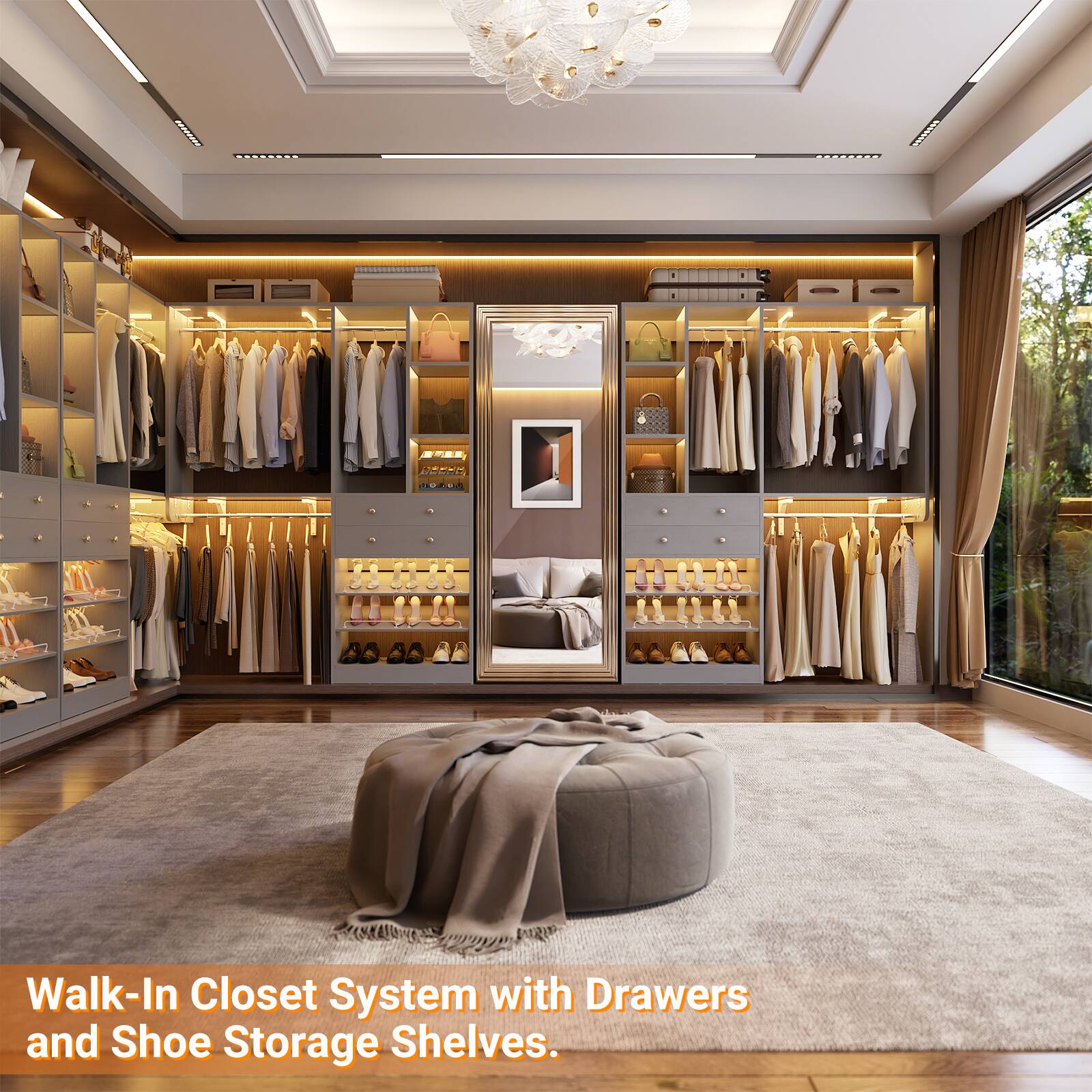 Walk-In Closet System with Drawers and Shoe Storage Shelves.