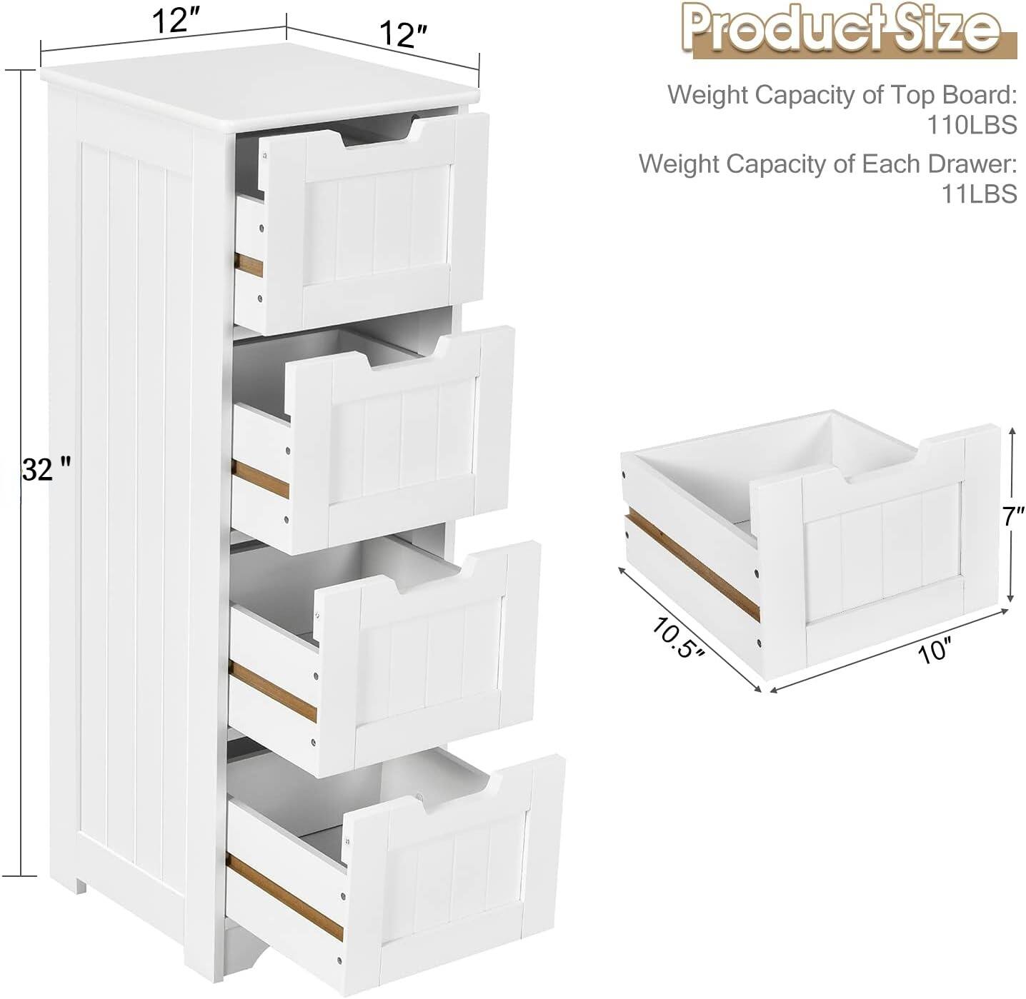 **Product Size**

- Weight Capacity of Top Board: 110LBS
- Weight Capacity of Each Drawer: 11LBS

**Dimensions:**

- Top Board: 12" x 12"
- Height: 32"
- Width: 10.5"
- Depth: 10"
- Drawer Height: 7"