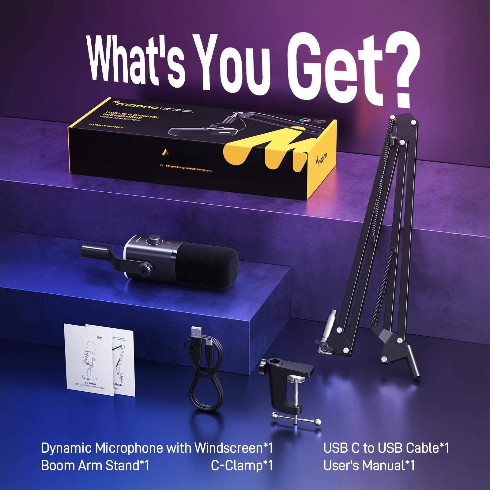 What's You Get?

- Dynamic Microphone with Windscreen*1
- Boom Arm Stand*1
- C-Clamp*1
- USB C to USB Cable*1
- User's Manual*1
