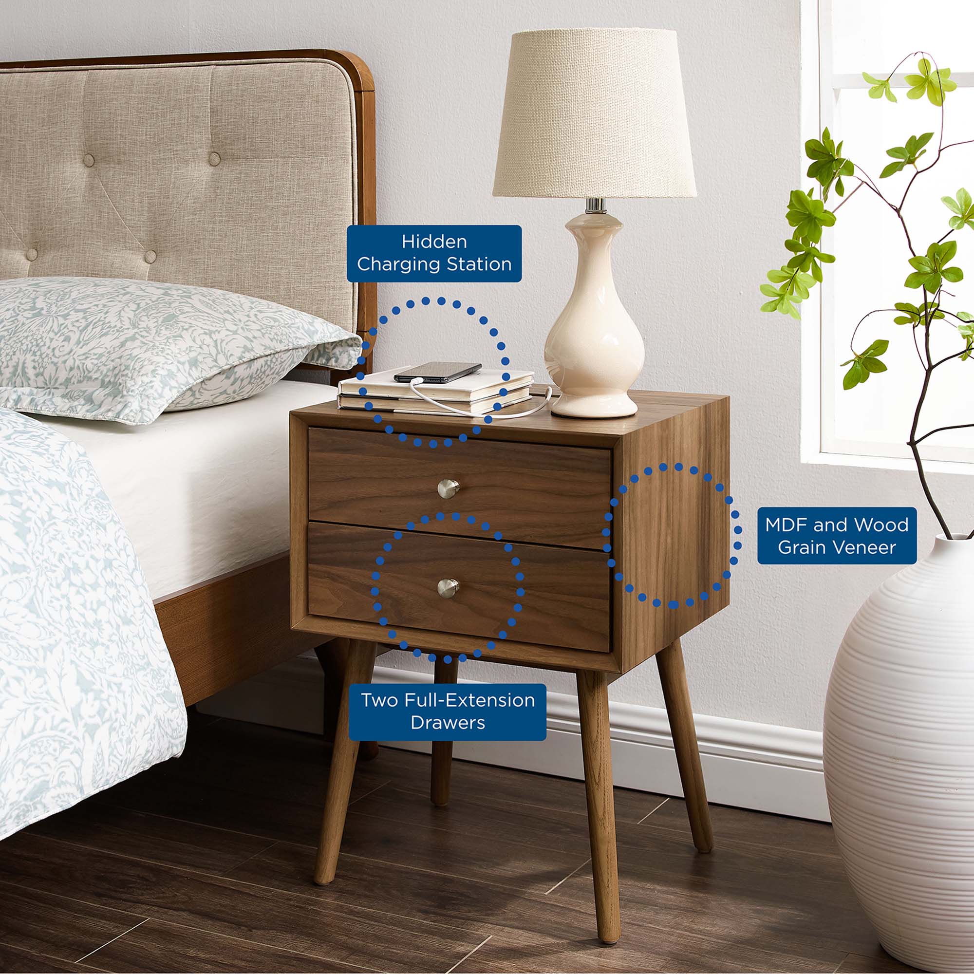 - Hidden Charging Station
- MDF and Wood Grain Veneer
- Two Full-Extension Drawers