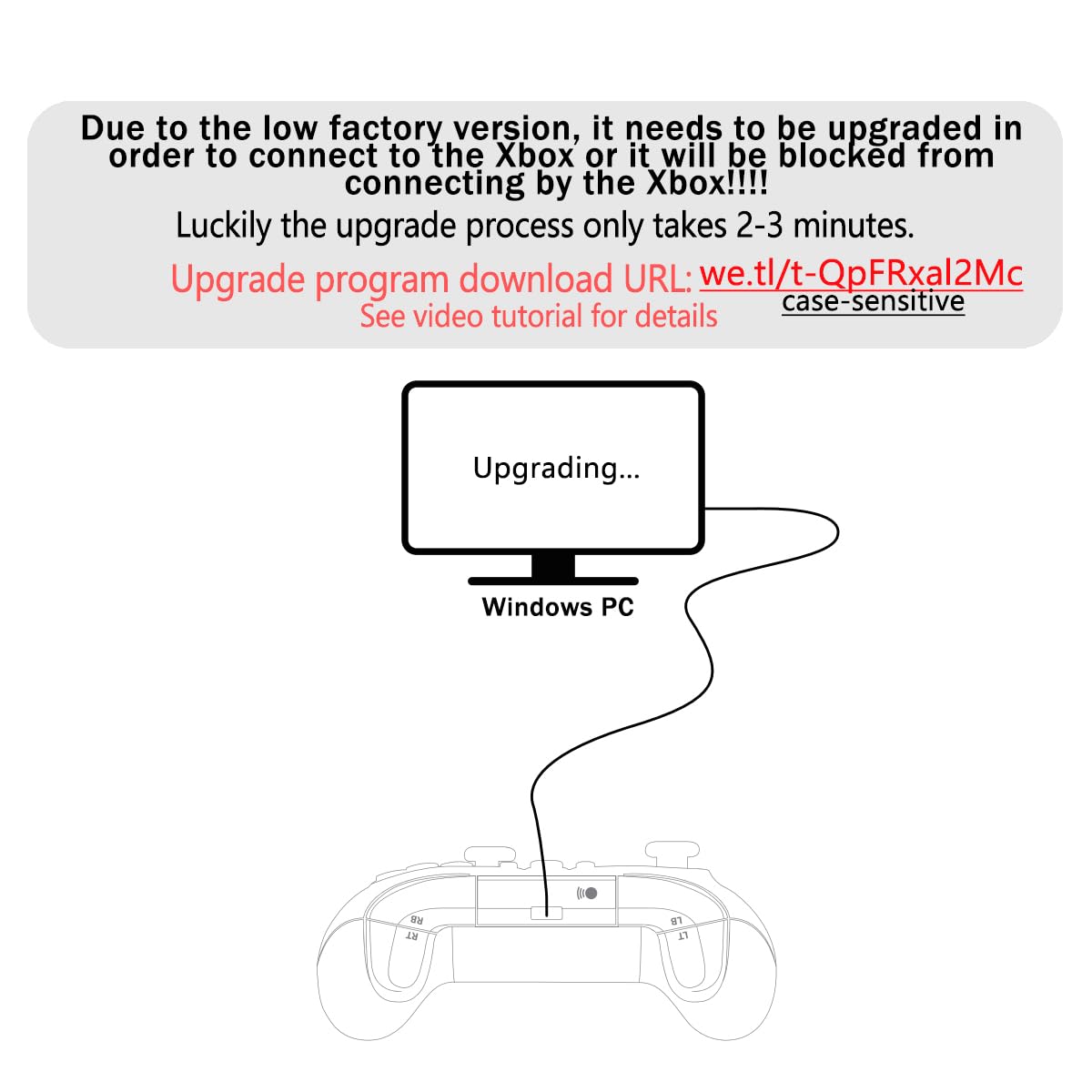 Due to the low factory version, it needs to be upgraded in order to connect to the Xbox or it will be blocked from connecting by the Xbox!!!

Luckily the upgrade process only takes 2-3 minutes.

Upgrade program download URL: we.tl/t-QpFRxal2Mc
See video tutorial for details

Upgrading...

Windows PC
