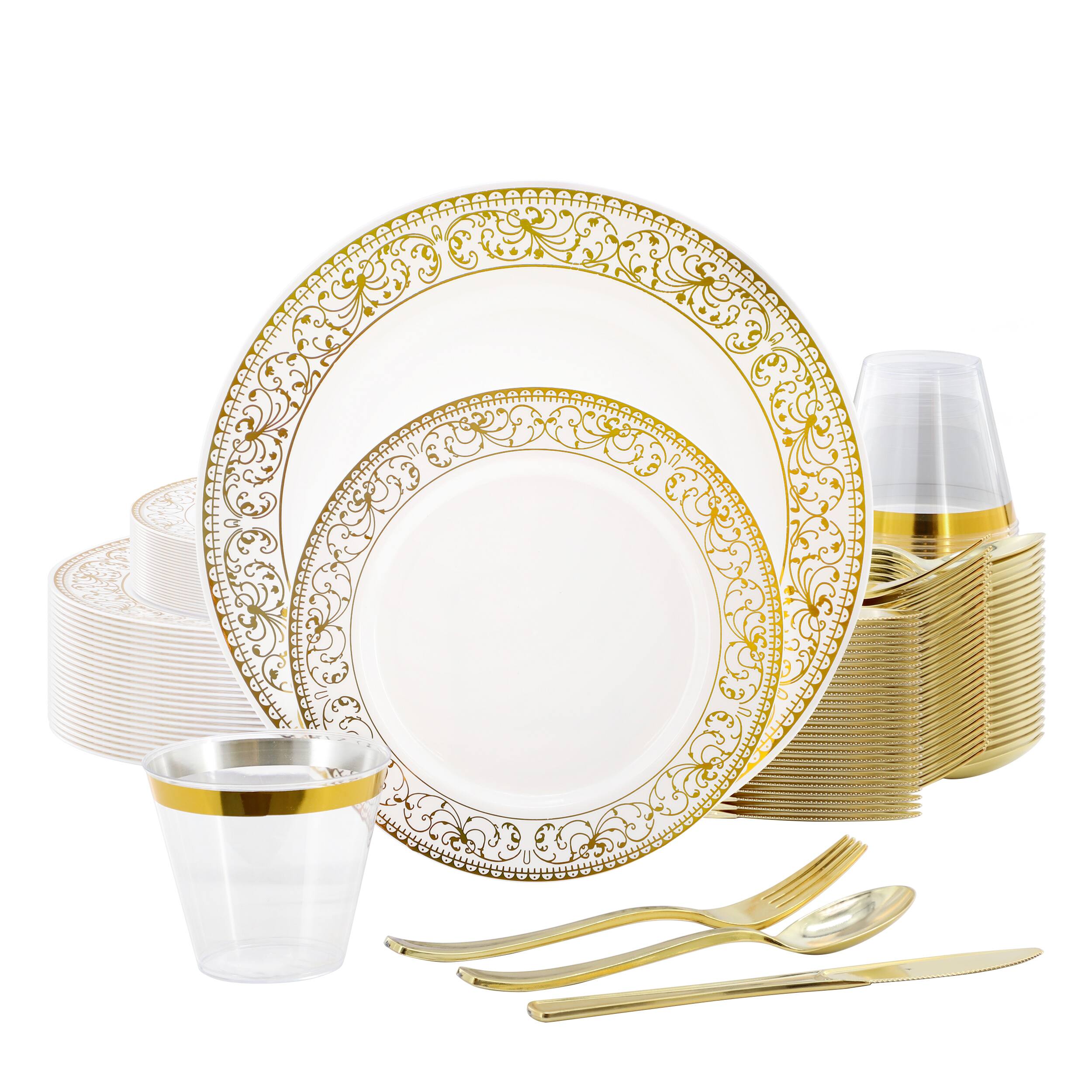 Alt View 7. Elama - Elama 150 Piece Disposable Plastic Dinnerware Party Set for 25 Guests in White with Gold Decal Trim - White.