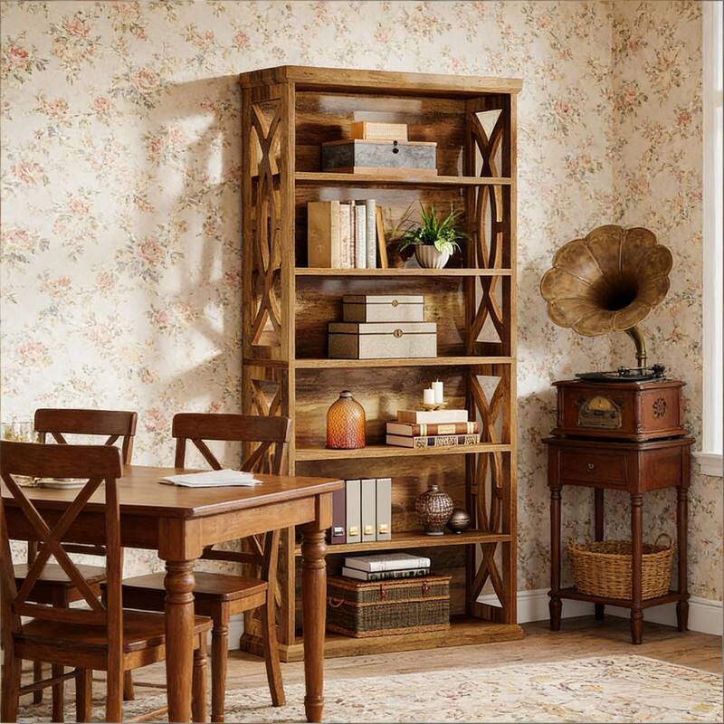 Alt View 1. HTUTWOO - Classic Wooden Bookshelf, Sturdy Freestanding Bookcase with Elegant Design, Anti-Tipping for Living Room Home Office - Brown.