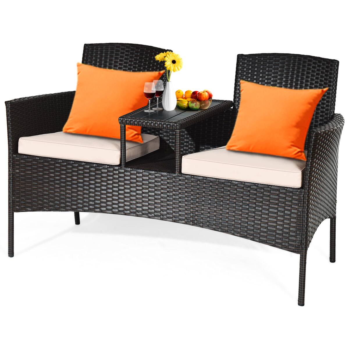 Alt View 7. Gymax - Gymax Patented Cushioned Rattan Wicker Patio Conversation Set Loveseat Table - as pic.