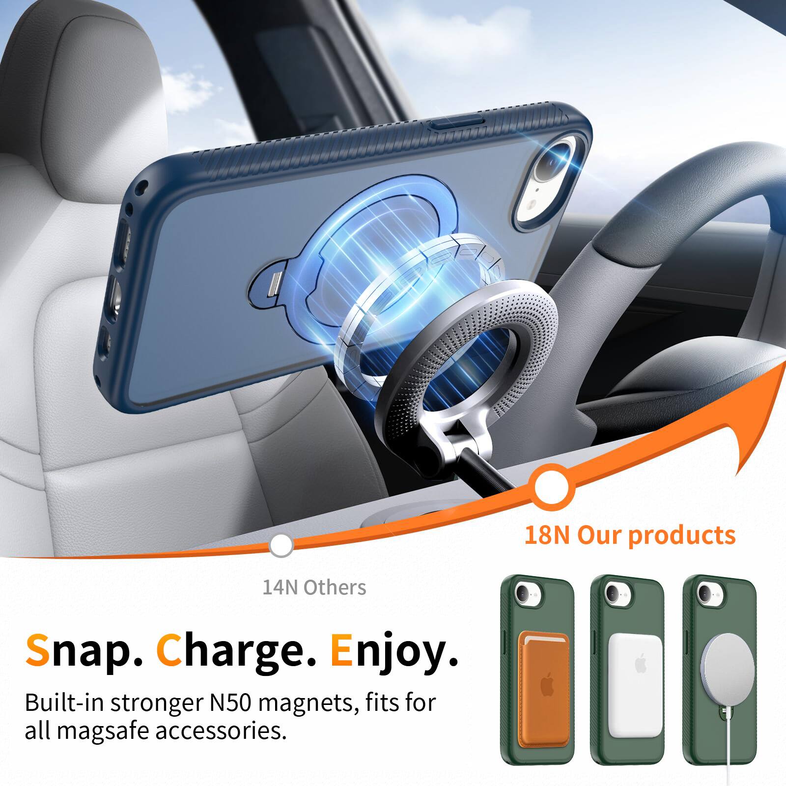 18N Our products  
14N Others  
Snap. Charge. Enjoy.  
Built-in stronger N50 magnets, fits for all mag safe accessories.