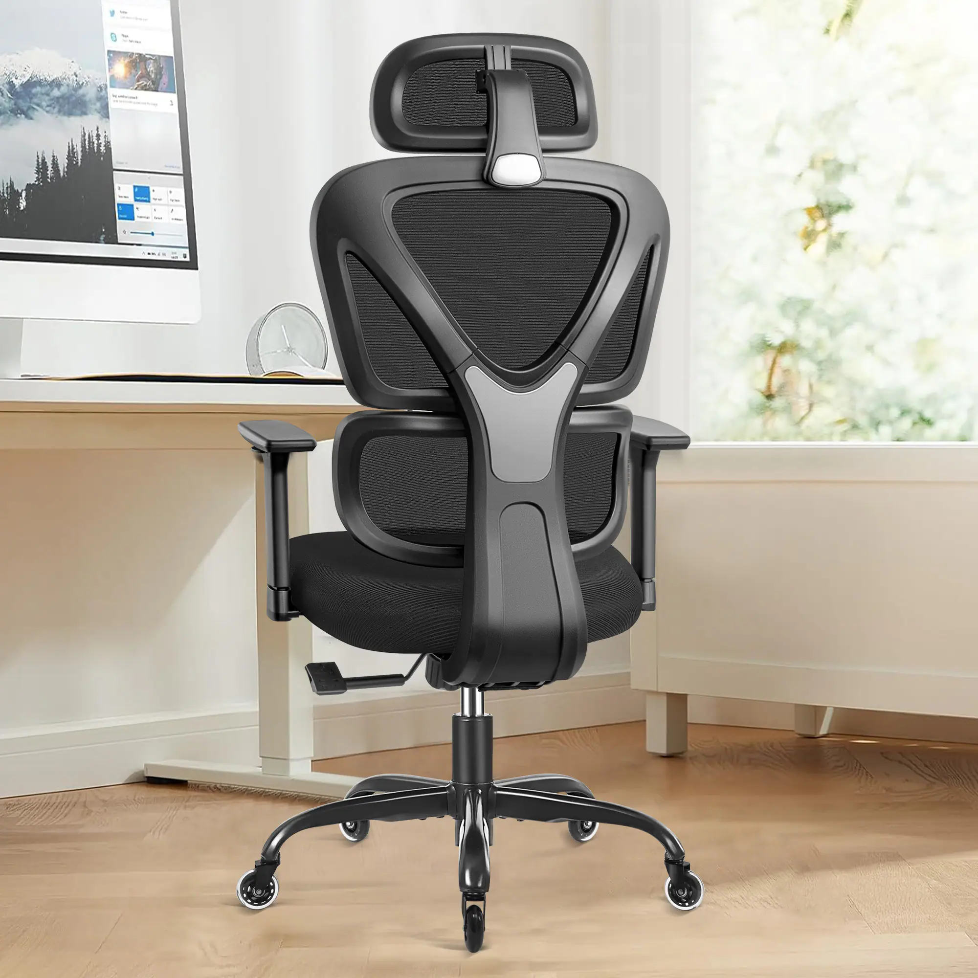 Brick Attic - Ergonomic Office Chair, High Back Mesh Gaming Chair with Adjustable Headrest 3D Armrests Silent Wheels Lumbar Support - Black