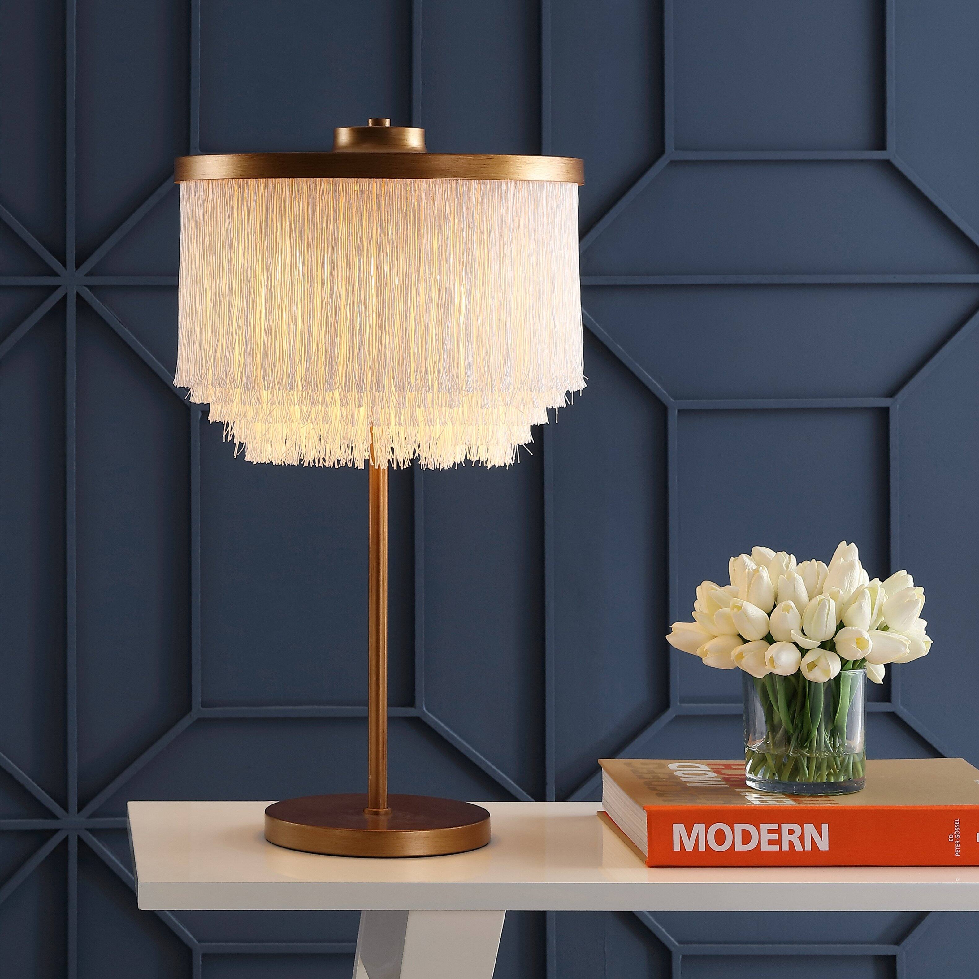 Alt View 1. Jonathan Y - Coco 27.5" Fringed/Metal LED Table Lamp, Gold/White - Gold.